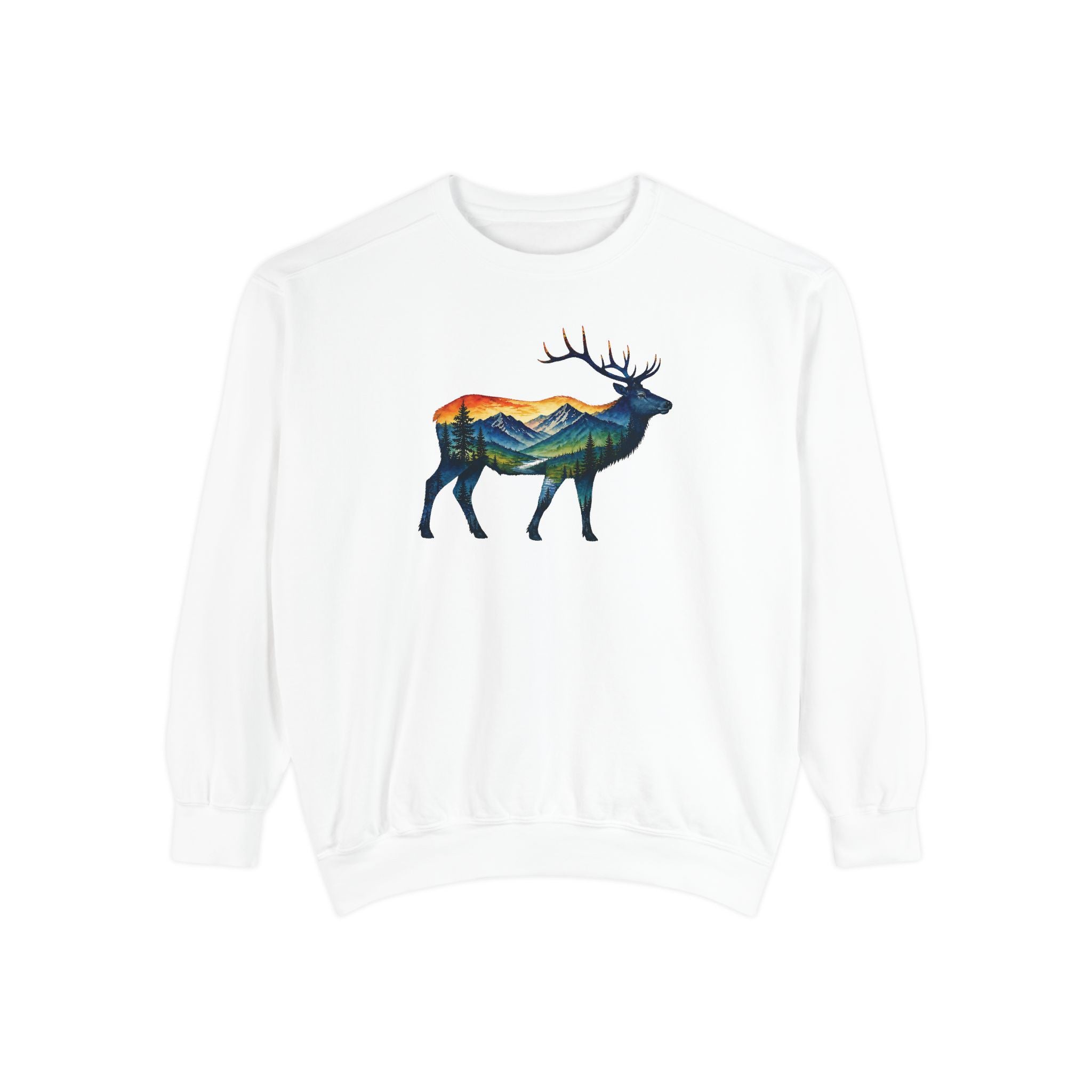 Mountain Elk Sunset Comfort Colors® 1566 Premium Sweatshirt, Nature Elk Graphic Sweatshirt, Wildlife Landscape Sweatshirt, Rustic Outdoor Adventure Sweatshirt, Forest Elk Sweatshirt