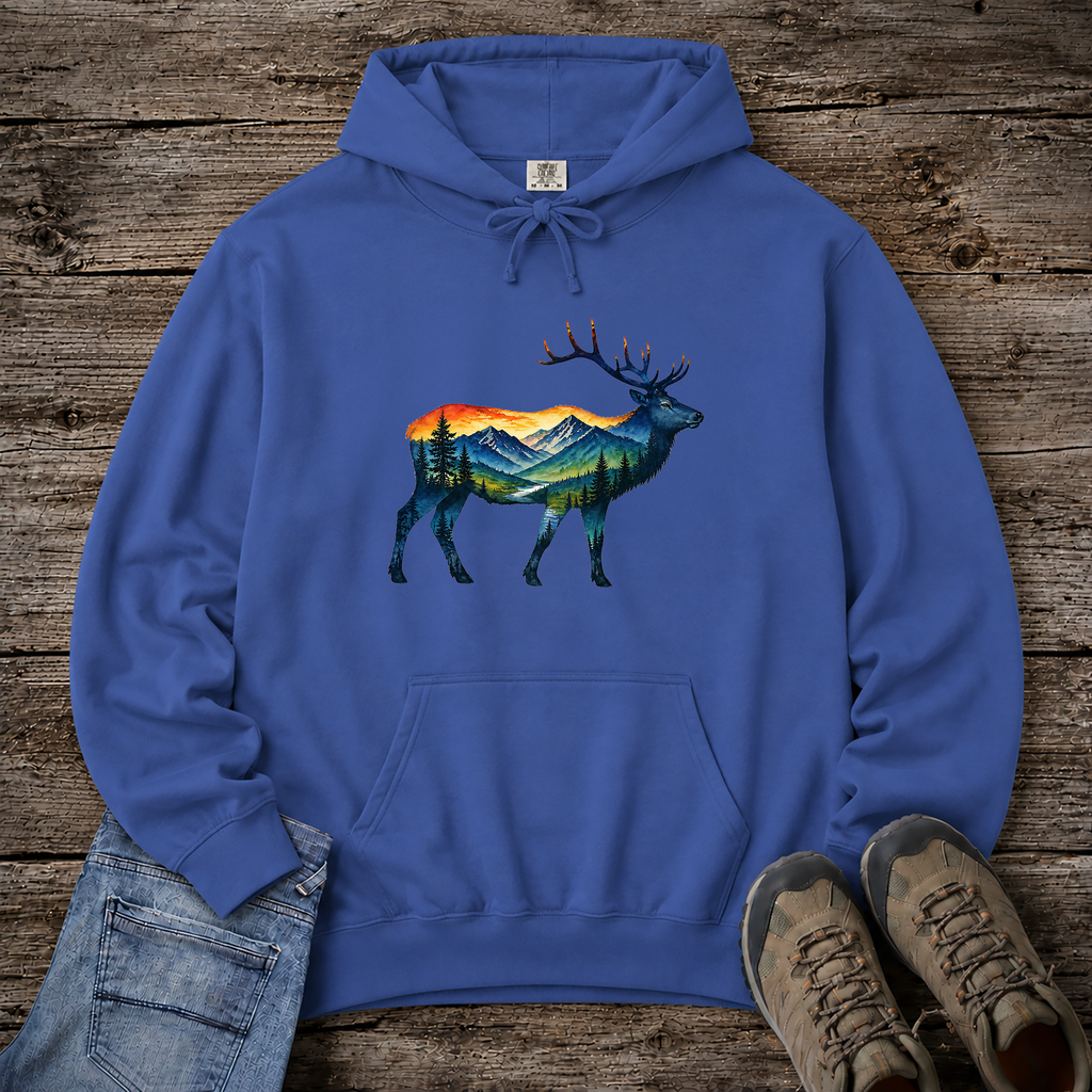 Mountain Elk Sunset Comfort Colors® 1567 Premium Heavy Hoodie, Nature Elk Graphic Tee, Wildlife Landscape Hoodie, Rustic Outdoor Adventure Hoodie, Forest Elk Hoodie