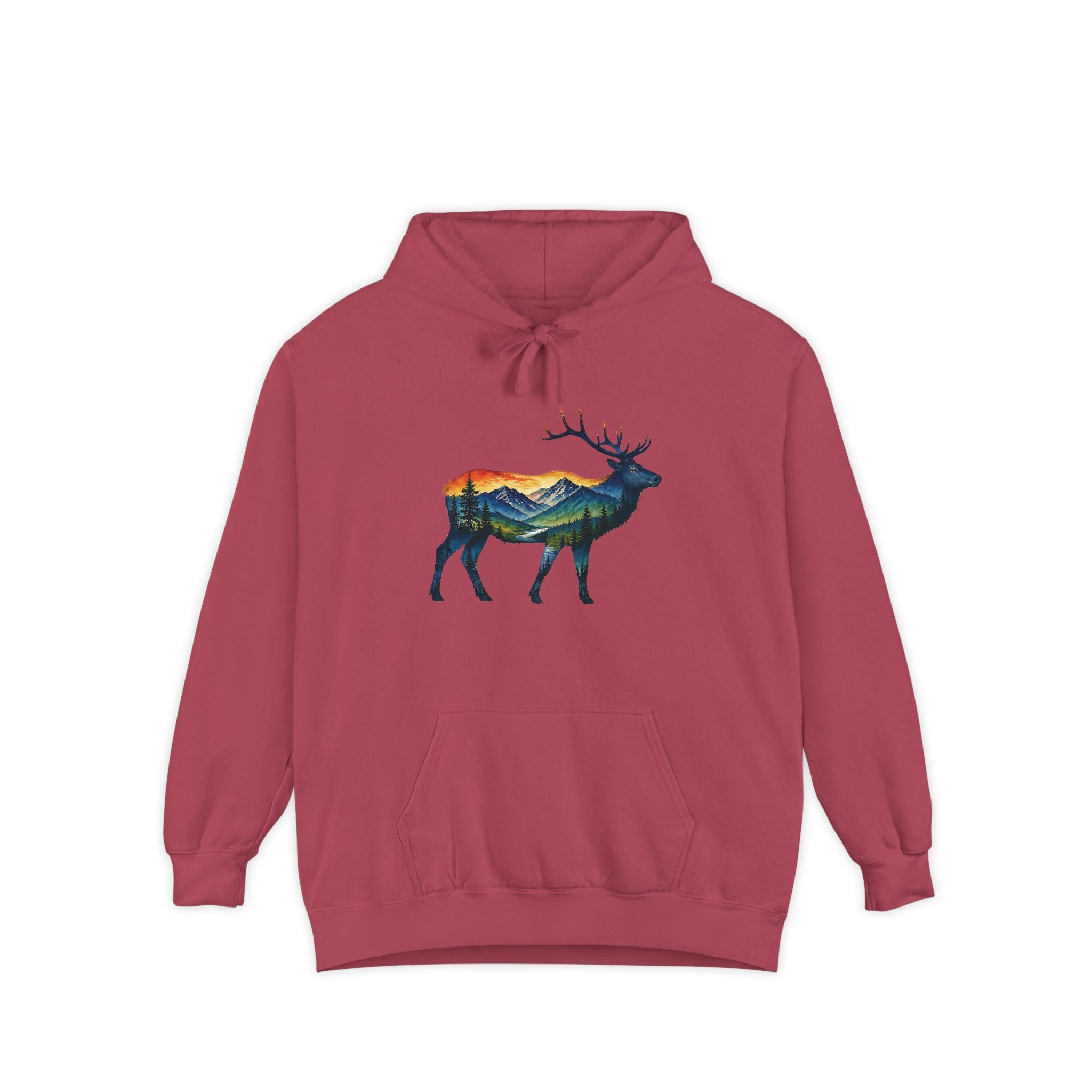 Mountain Elk Sunset Comfort Colors® 1567 Premium Heavy Hoodie, Nature Elk Graphic Tee, Wildlife Landscape Hoodie, Rustic Outdoor Adventure Hoodie, Forest Elk Hoodie