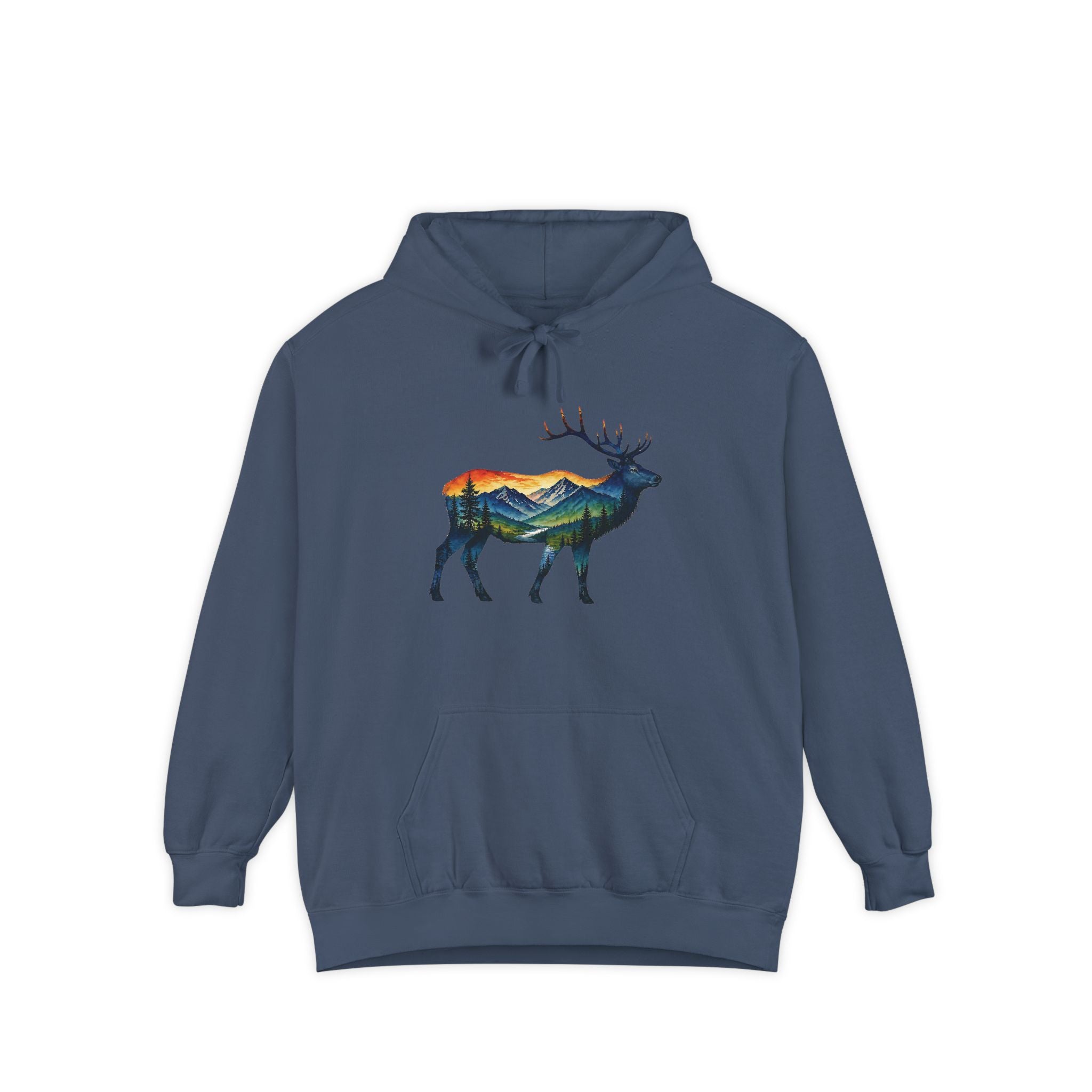 Mountain Elk Sunset Comfort Colors® 1567 Premium Heavy Hoodie, Nature Elk Graphic Tee, Wildlife Landscape Hoodie, Rustic Outdoor Adventure Hoodie, Forest Elk Hoodie