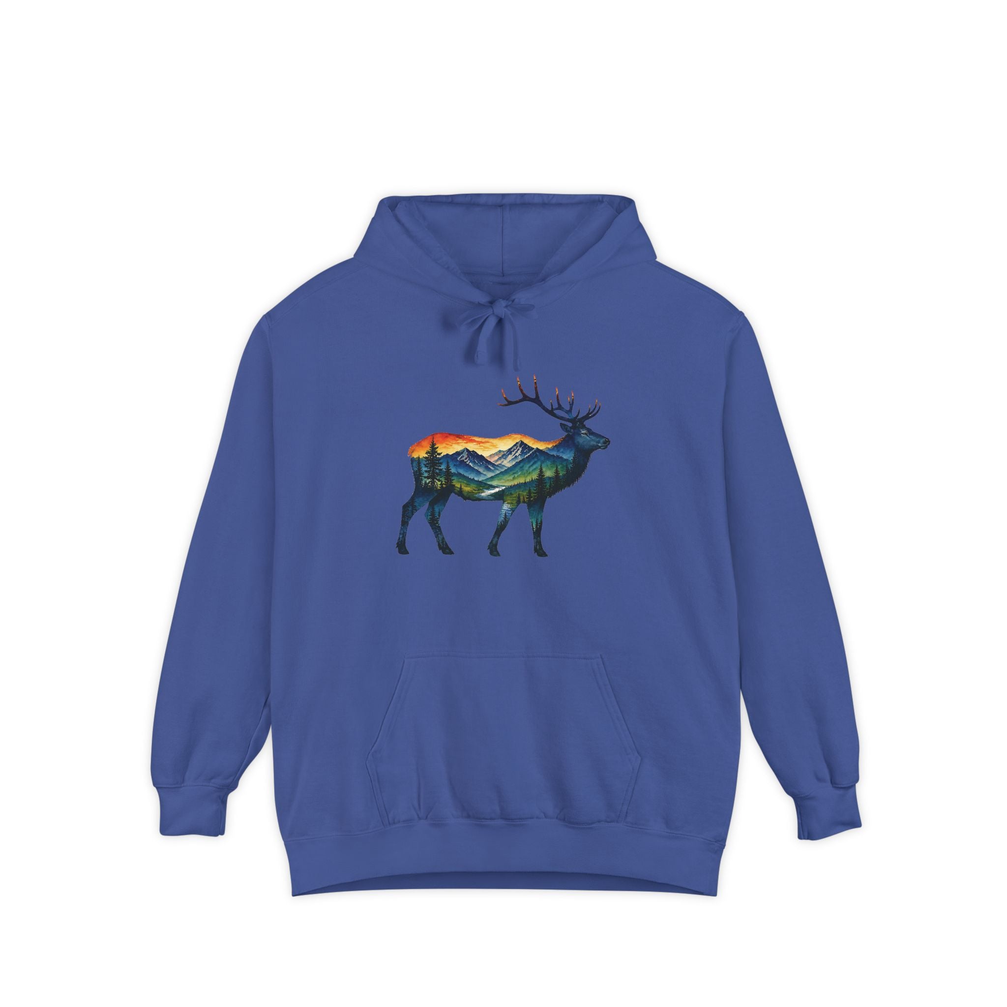 Mountain Elk Sunset Comfort Colors® 1567 Premium Heavy Hoodie, Nature Elk Graphic Tee, Wildlife Landscape Hoodie, Rustic Outdoor Adventure Hoodie, Forest Elk Hoodie