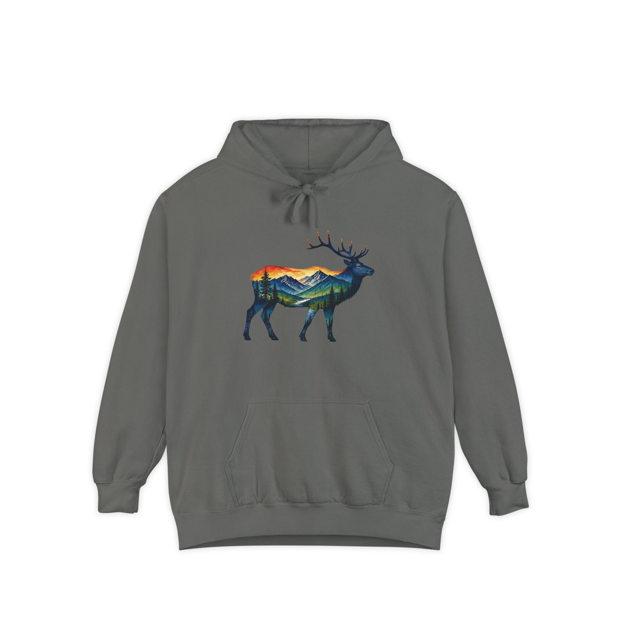 Mountain Elk Sunset Comfort Colors® 1567 Premium Heavy Hoodie, Nature Elk Graphic Tee, Wildlife Landscape Hoodie, Rustic Outdoor Adventure Hoodie, Forest Elk Hoodie