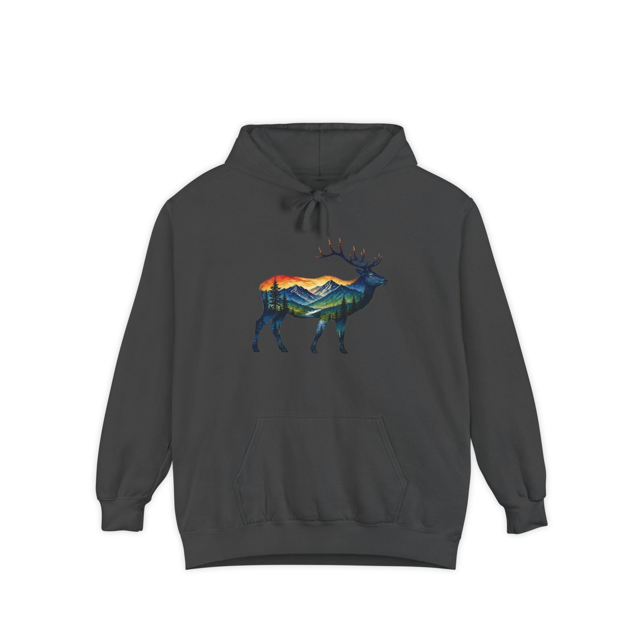 Mountain Elk Sunset Comfort Colors® 1567 Premium Heavy Hoodie, Nature Elk Graphic Tee, Wildlife Landscape Hoodie, Rustic Outdoor Adventure Hoodie, Forest Elk Hoodie