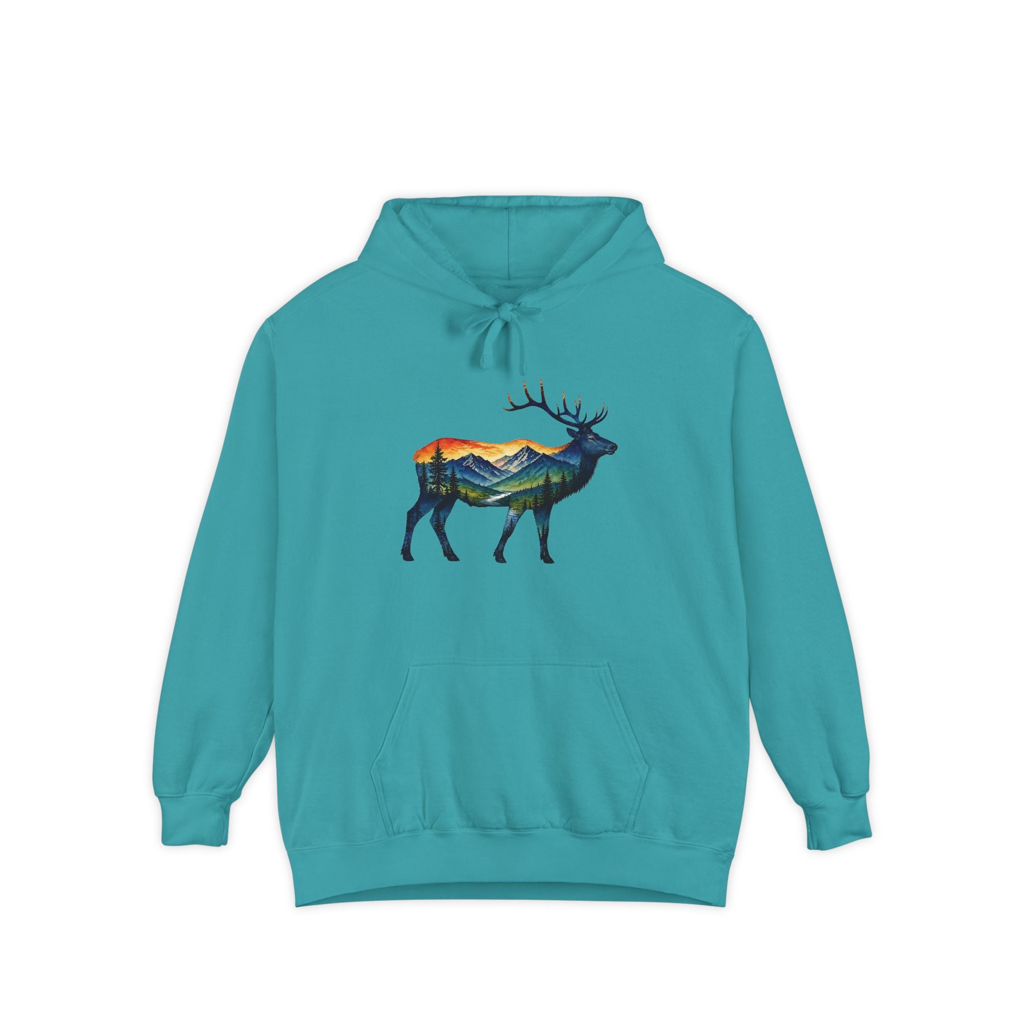Mountain Elk Sunset Comfort Colors® 1567 Premium Heavy Hoodie, Nature Elk Graphic Tee, Wildlife Landscape Hoodie, Rustic Outdoor Adventure Hoodie, Forest Elk Hoodie