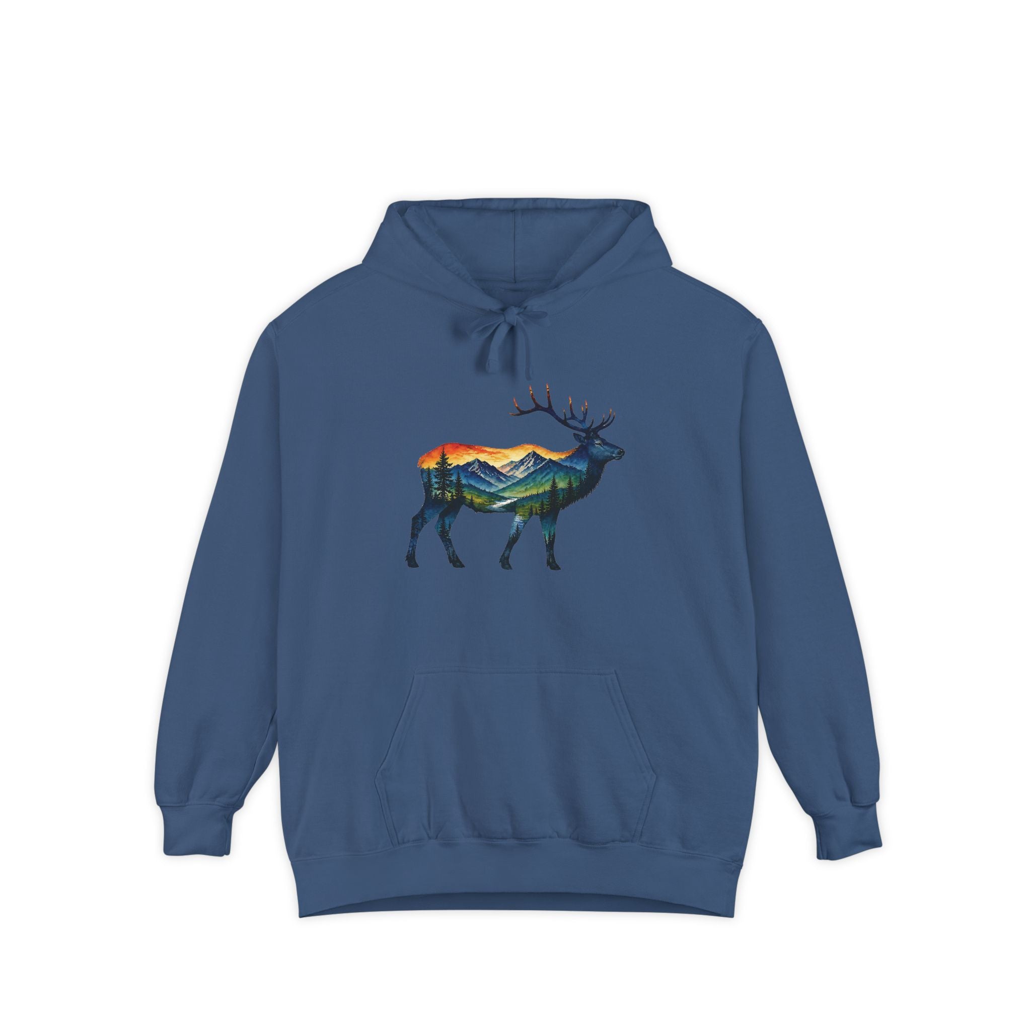Mountain Elk Sunset Comfort Colors® 1567 Premium Heavy Hoodie, Nature Elk Graphic Tee, Wildlife Landscape Hoodie, Rustic Outdoor Adventure Hoodie, Forest Elk Hoodie