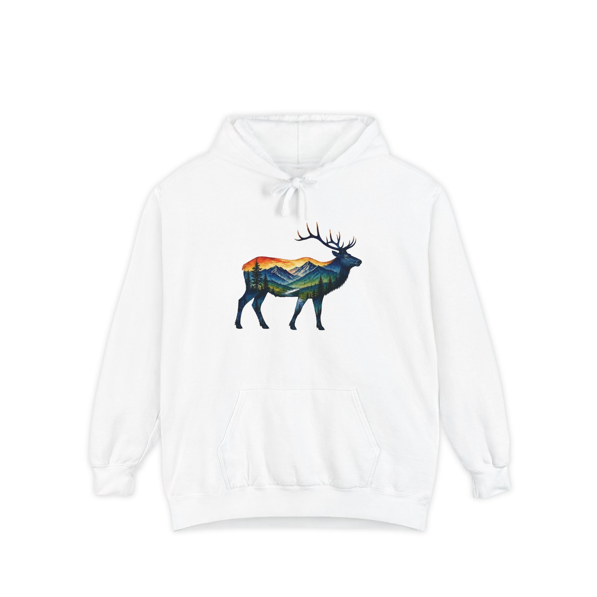 Mountain Elk Sunset Comfort Colors® 1567 Premium Heavy Hoodie, Nature Elk Graphic Tee, Wildlife Landscape Hoodie, Rustic Outdoor Adventure Hoodie, Forest Elk Hoodie