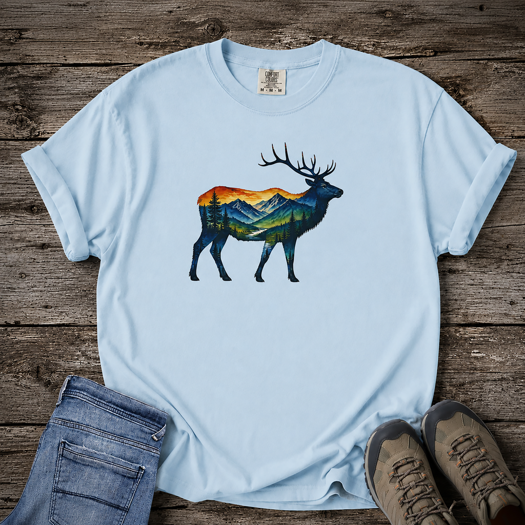 Mountain Elk Sunset Comfort Colors® 1717 Premium T-Shirt, Nature Elk Graphic Tee, Wildlife Landscape Shirt, Rustic Outdoor Adventure Shirt, Forest Elk Tee