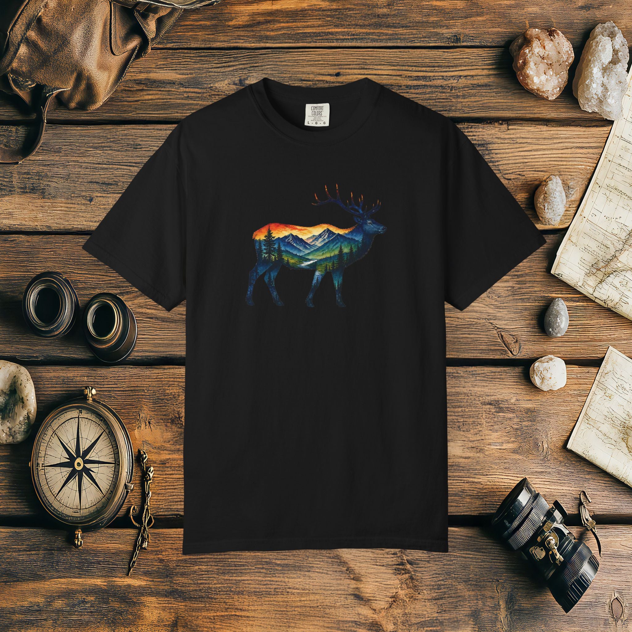 Mountain Elk Sunset Comfort Colors® 1717 Premium T-Shirt, Nature Elk Graphic Tee, Wildlife Landscape Shirt, Rustic Outdoor Adventure Shirt, Forest Elk Tee