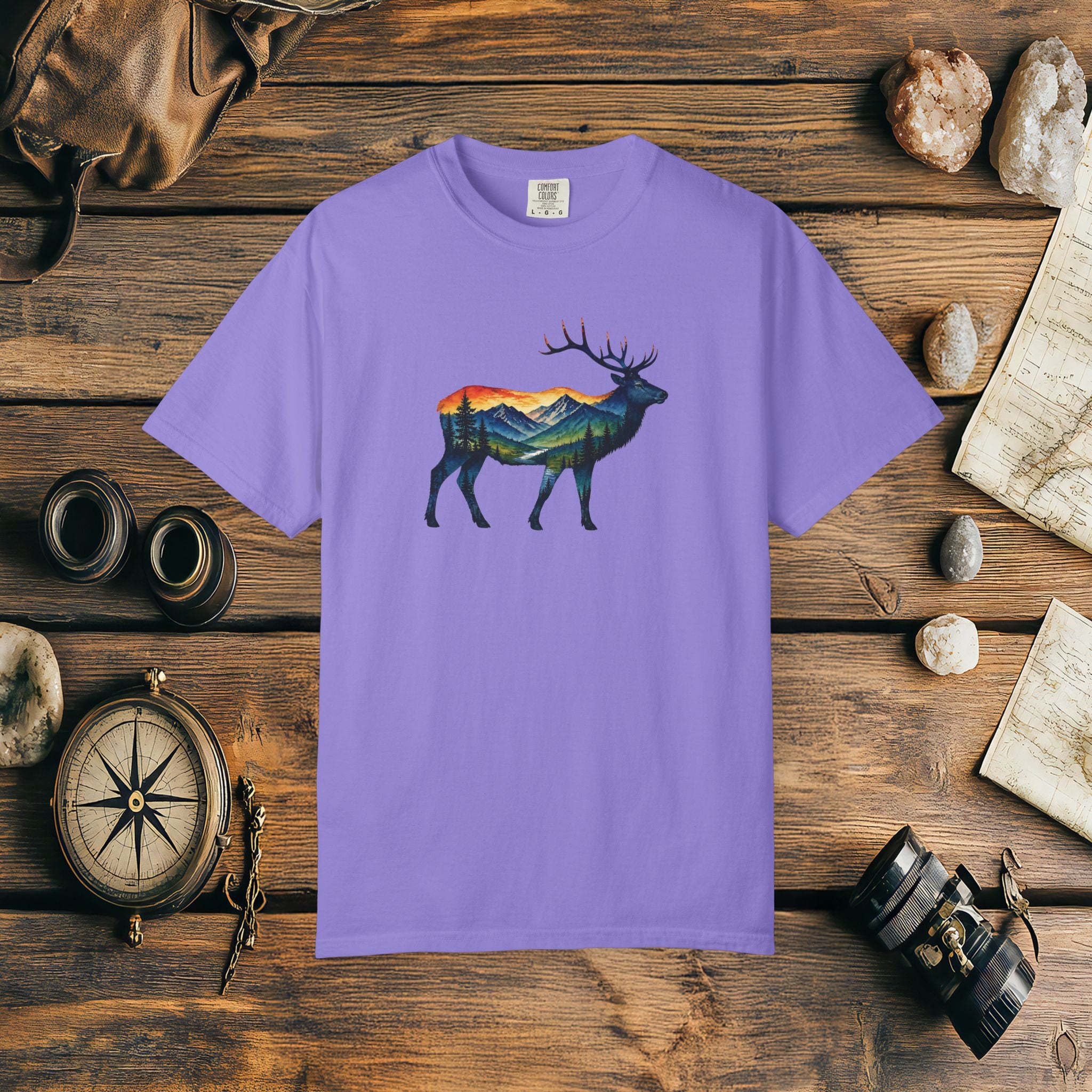 Mountain Elk Sunset Comfort Colors® 1717 Premium T-Shirt, Nature Elk Graphic Tee, Wildlife Landscape Shirt, Rustic Outdoor Adventure Shirt, Forest Elk Tee