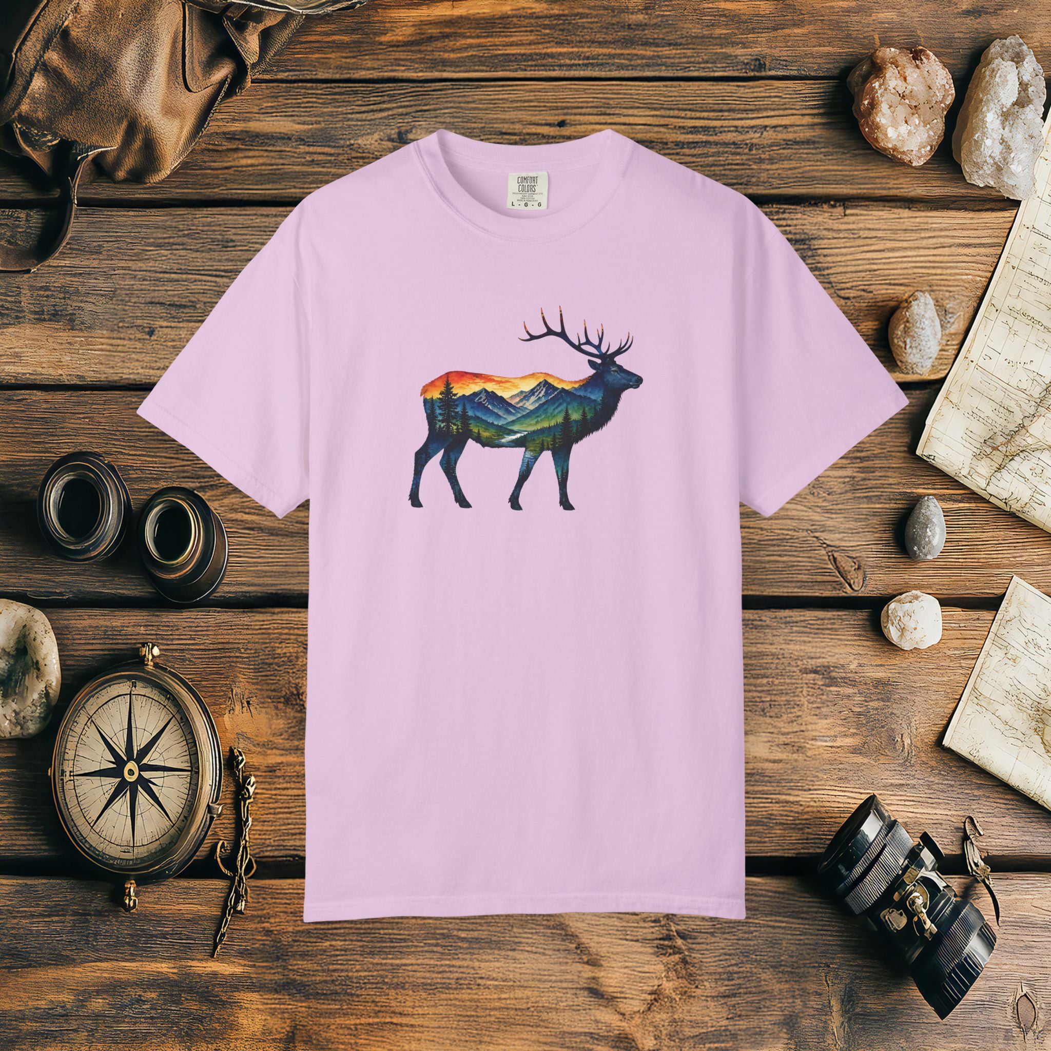 Mountain Elk Sunset Comfort Colors® 1717 Premium T-Shirt, Nature Elk Graphic Tee, Wildlife Landscape Shirt, Rustic Outdoor Adventure Shirt, Forest Elk Tee