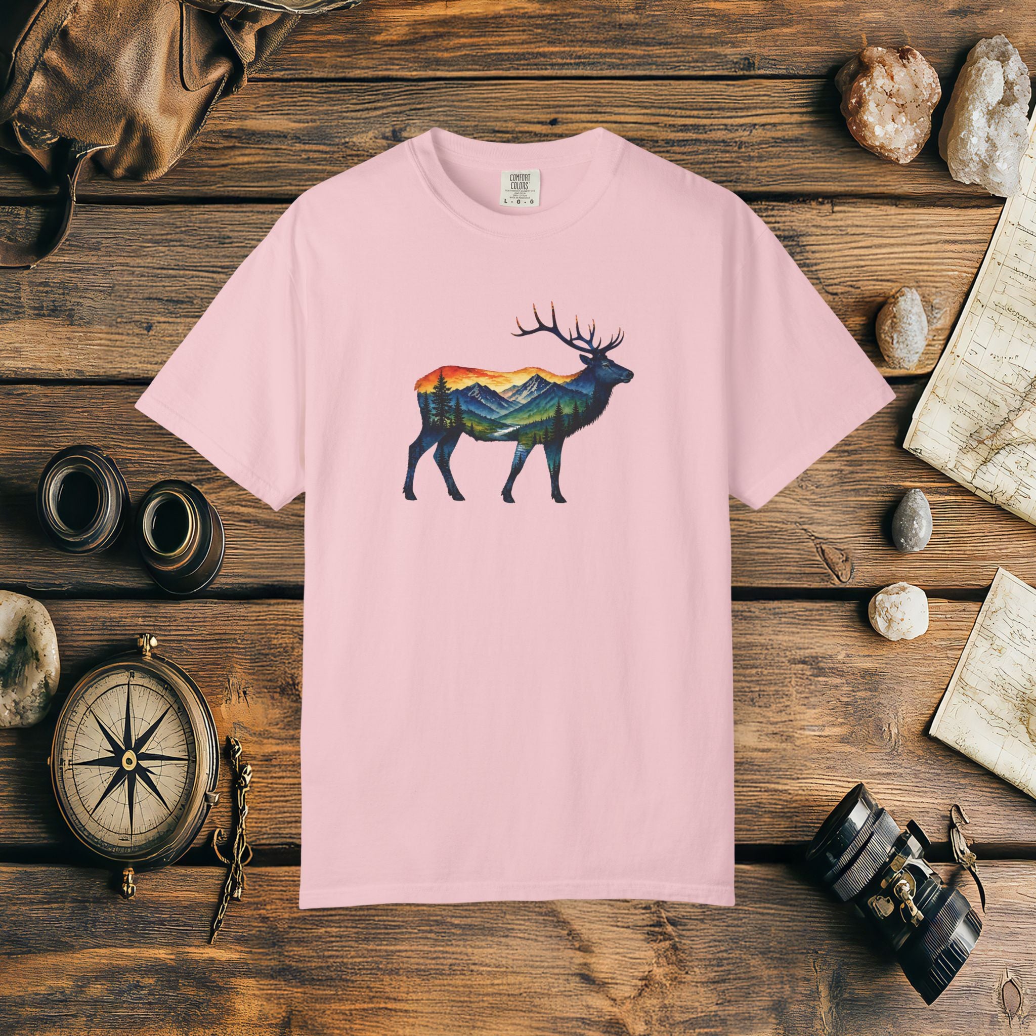 Mountain Elk Sunset Comfort Colors® 1717 Premium T-Shirt, Nature Elk Graphic Tee, Wildlife Landscape Shirt, Rustic Outdoor Adventure Shirt, Forest Elk Tee