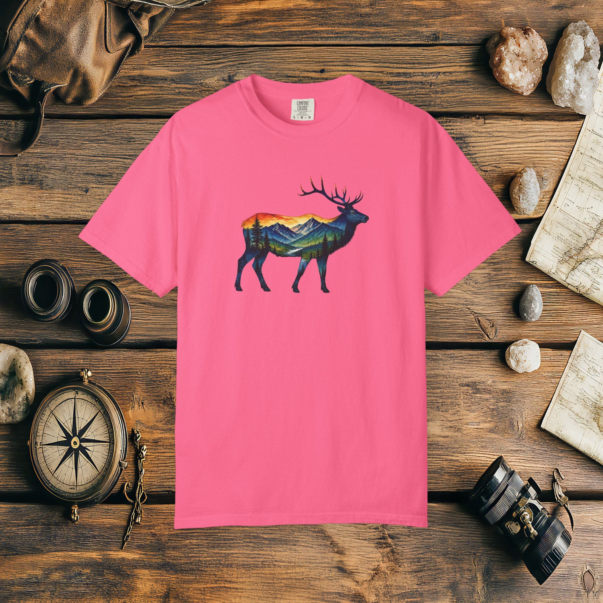 Mountain Elk Sunset Comfort Colors® 1717 Premium T-Shirt, Nature Elk Graphic Tee, Wildlife Landscape Shirt, Rustic Outdoor Adventure Shirt, Forest Elk Tee