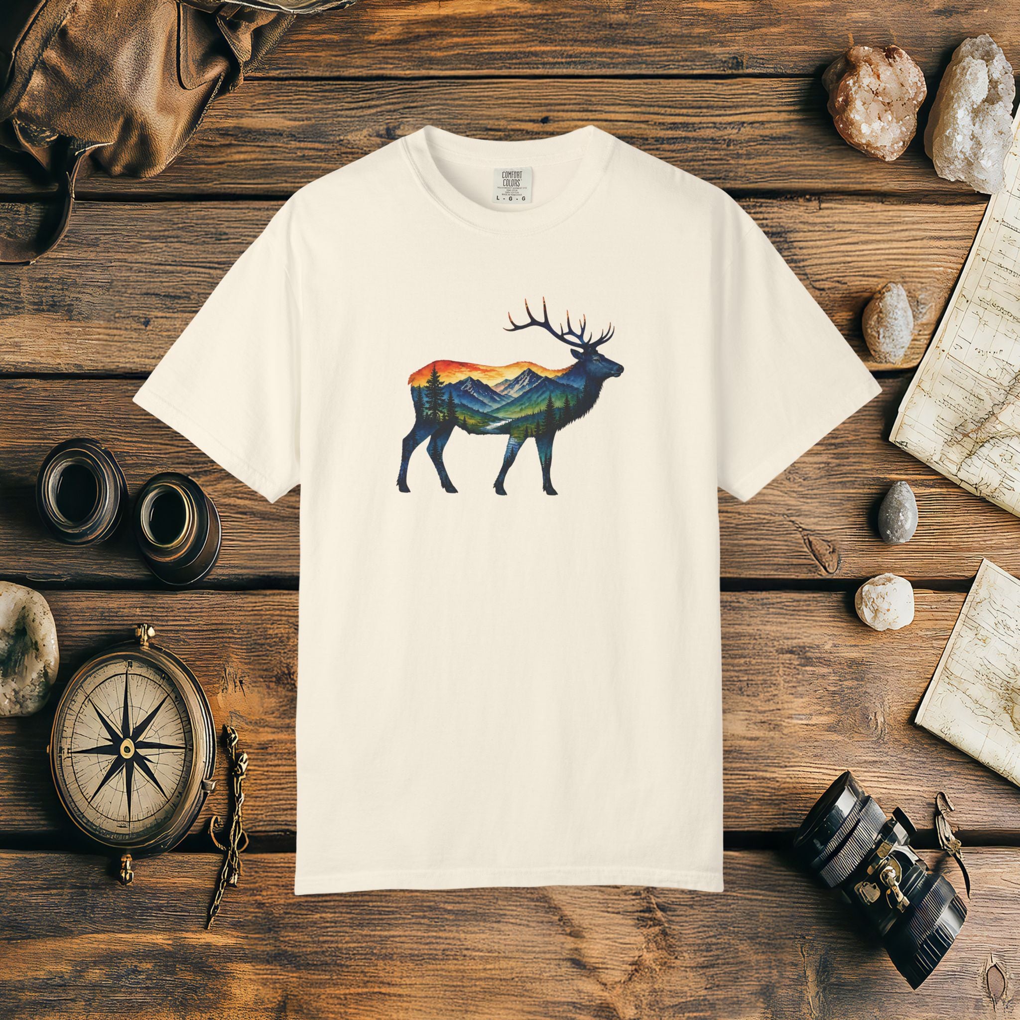 Mountain Elk Sunset Comfort Colors® 1717 Premium T-Shirt, Nature Elk Graphic Tee, Wildlife Landscape Shirt, Rustic Outdoor Adventure Shirt, Forest Elk Tee