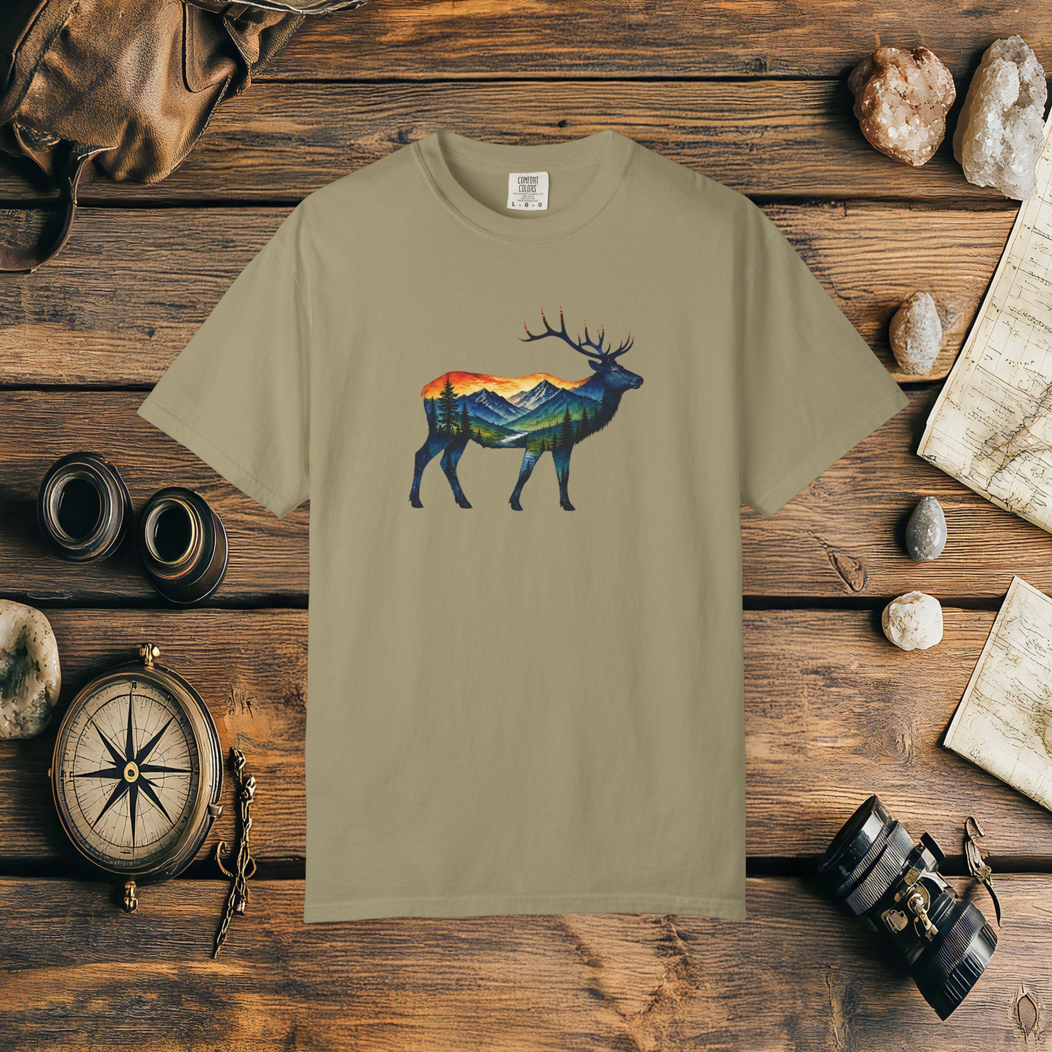 Mountain Elk Sunset Comfort Colors® 1717 Premium T-Shirt, Nature Elk Graphic Tee, Wildlife Landscape Shirt, Rustic Outdoor Adventure Shirt, Forest Elk Tee