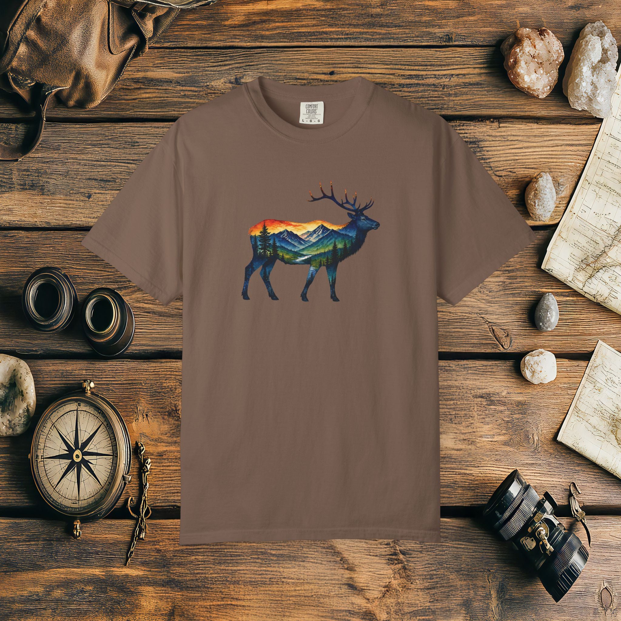 Mountain Elk Sunset Comfort Colors® 1717 Premium T-Shirt, Nature Elk Graphic Tee, Wildlife Landscape Shirt, Rustic Outdoor Adventure Shirt, Forest Elk Tee