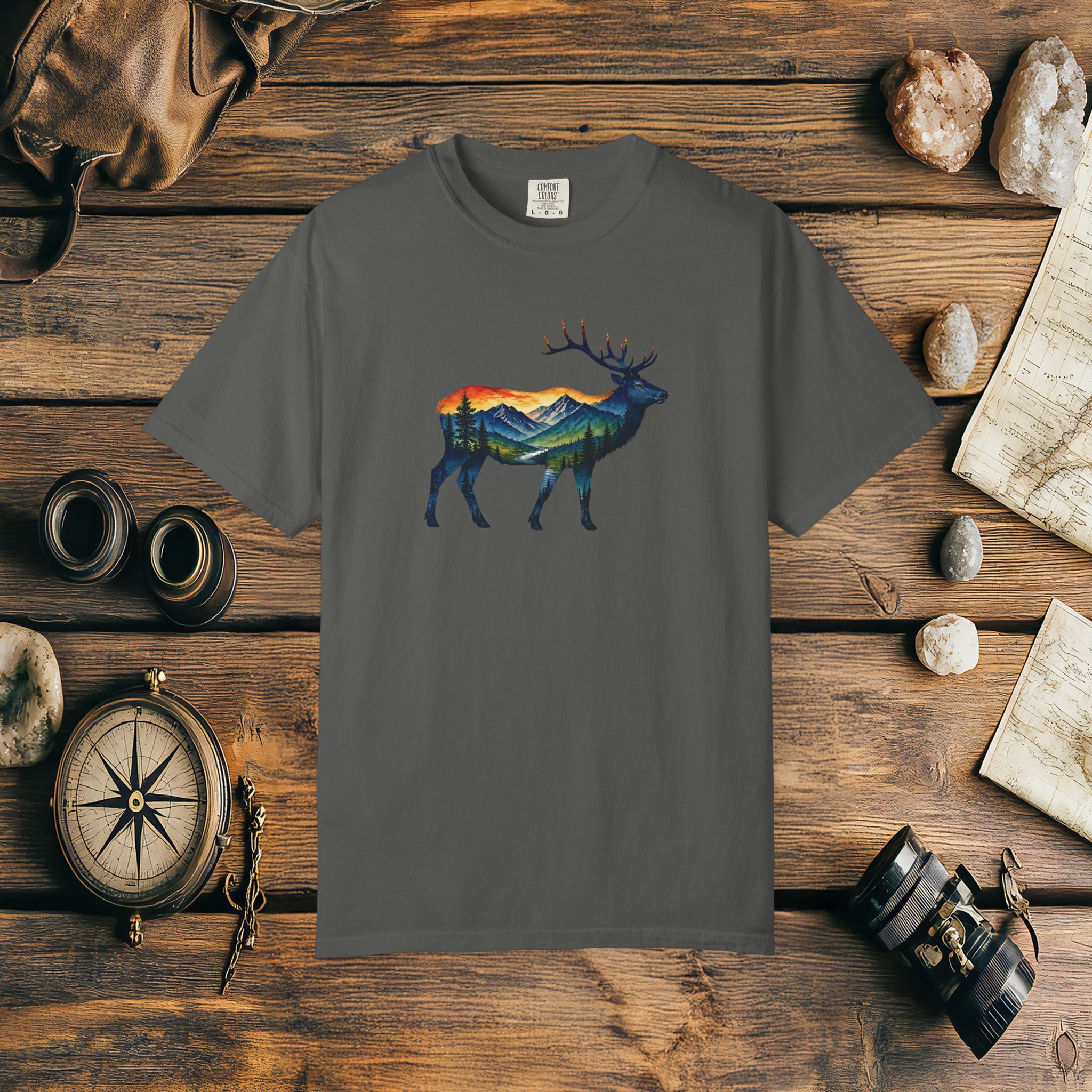 Mountain Elk Sunset Comfort Colors® 1717 Premium T-Shirt, Nature Elk Graphic Tee, Wildlife Landscape Shirt, Rustic Outdoor Adventure Shirt, Forest Elk Tee