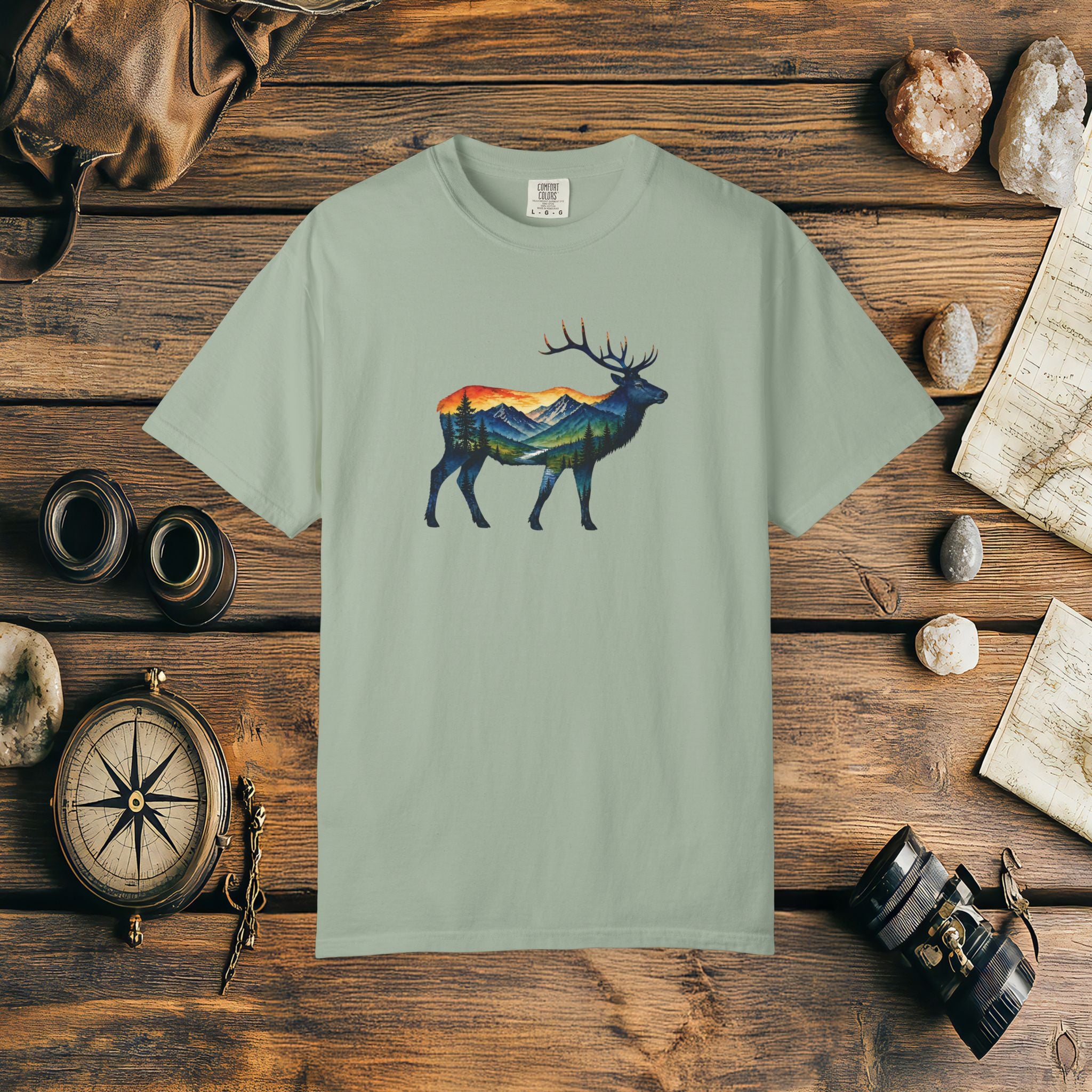 Mountain Elk Sunset Comfort Colors® 1717 Premium T-Shirt, Nature Elk Graphic Tee, Wildlife Landscape Shirt, Rustic Outdoor Adventure Shirt, Forest Elk Tee
