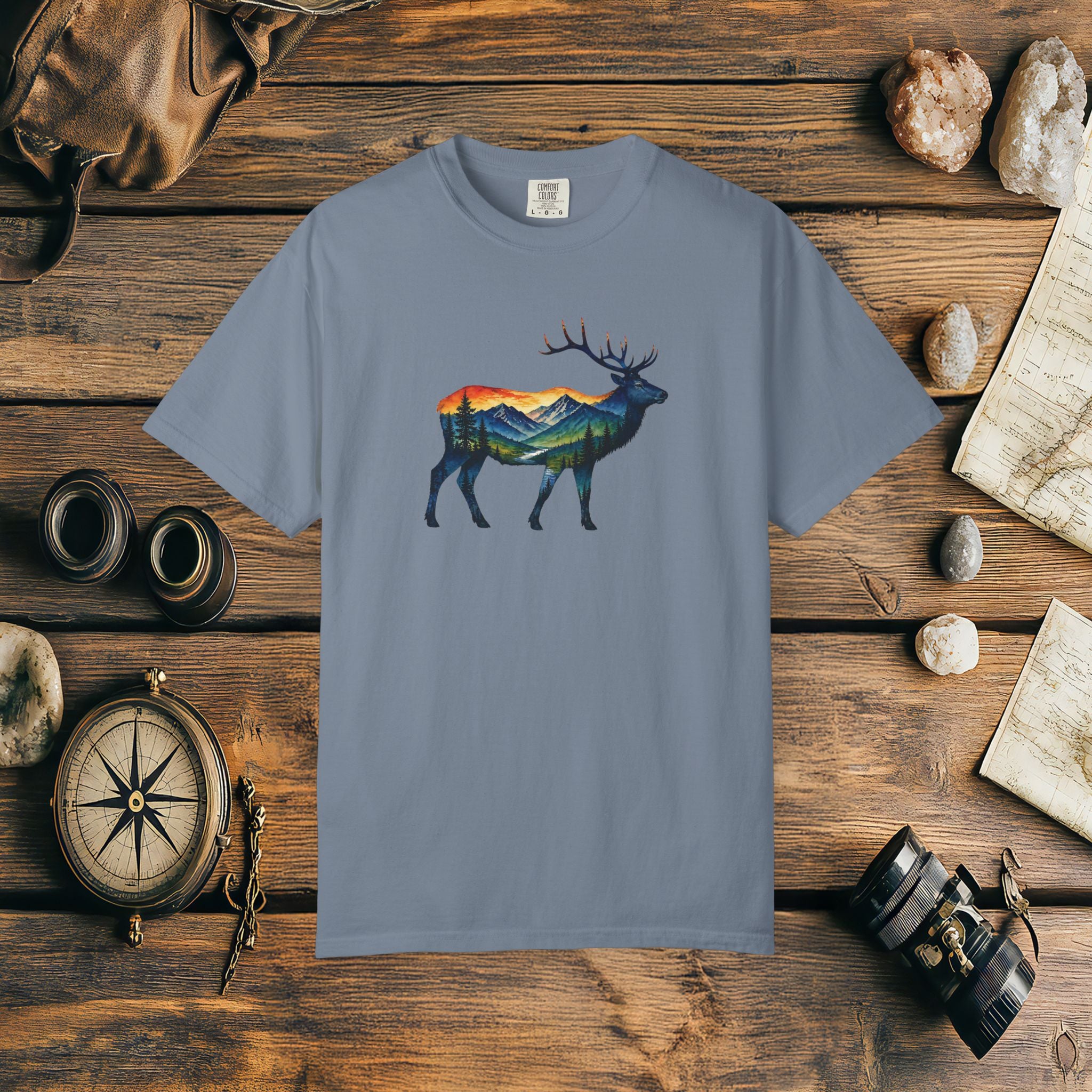 Mountain Elk Sunset Comfort Colors® 1717 Premium T-Shirt, Nature Elk Graphic Tee, Wildlife Landscape Shirt, Rustic Outdoor Adventure Shirt, Forest Elk Tee