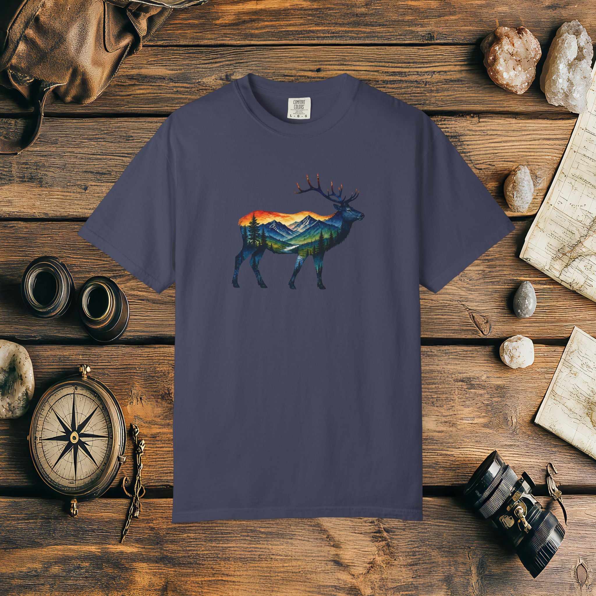 Mountain Elk Sunset Comfort Colors® 1717 Premium T-Shirt, Nature Elk Graphic Tee, Wildlife Landscape Shirt, Rustic Outdoor Adventure Shirt, Forest Elk Tee