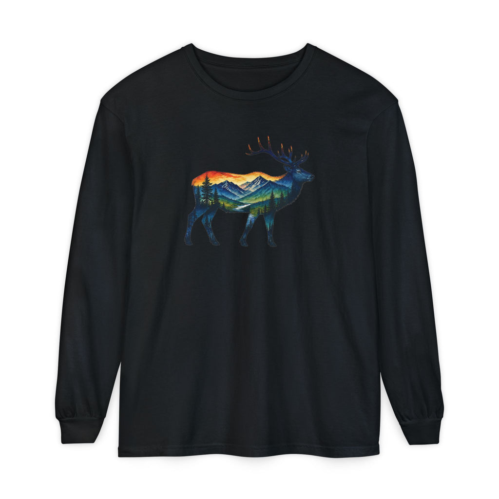 Mountain Elk Sunset Comfort Colors® 6014 Premium Long Sleeve T-Shirt, Nature Elk Graphic Tee, Wildlife Landscape Shirt, Rustic Outdoor Adventure Shirt, Forest Elk Tee
