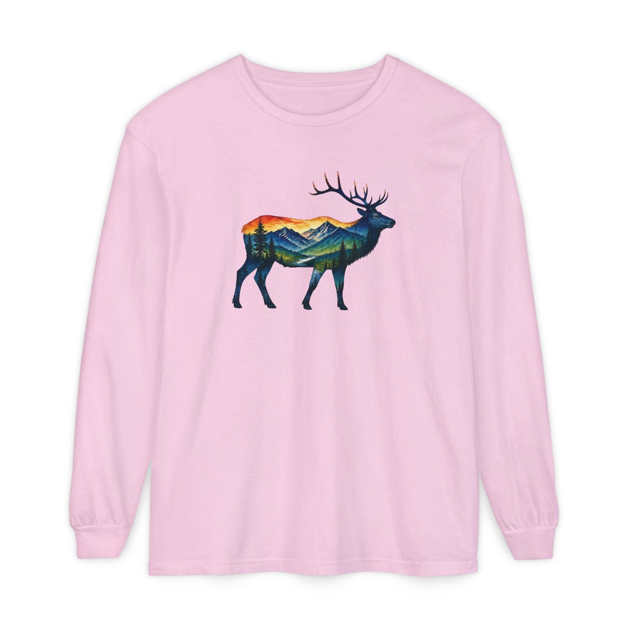 Mountain Elk Sunset Comfort Colors® 6014 Premium Long Sleeve T-Shirt, Nature Elk Graphic Tee, Wildlife Landscape Shirt, Rustic Outdoor Adventure Shirt, Forest Elk Tee