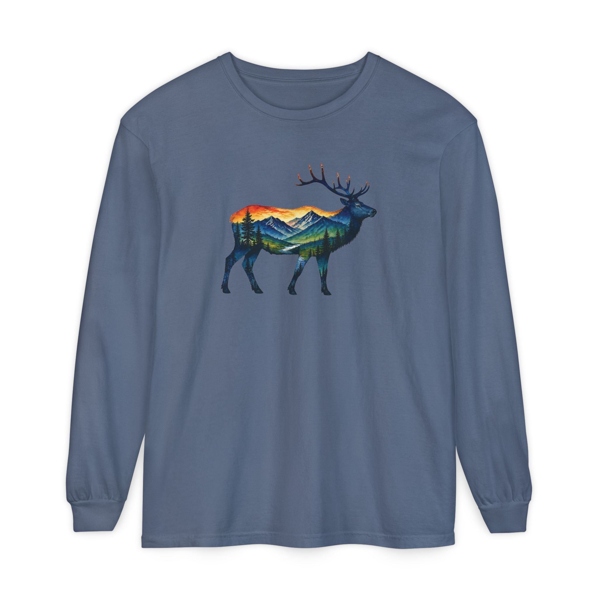 Mountain Elk Sunset Comfort Colors® 6014 Premium Long Sleeve T-Shirt, Nature Elk Graphic Tee, Wildlife Landscape Shirt, Rustic Outdoor Adventure Shirt, Forest Elk Tee