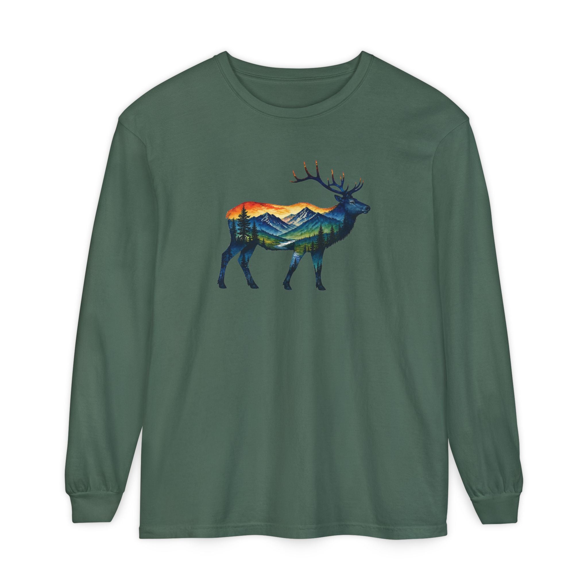 Mountain Elk Sunset Comfort Colors® 6014 Premium Long Sleeve T-Shirt, Nature Elk Graphic Tee, Wildlife Landscape Shirt, Rustic Outdoor Adventure Shirt, Forest Elk Tee