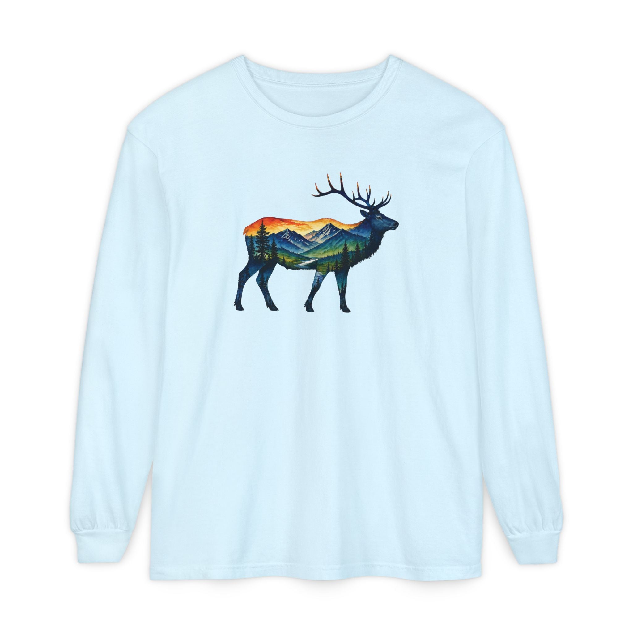 Mountain Elk Sunset Comfort Colors® 6014 Premium Long Sleeve T-Shirt, Nature Elk Graphic Tee, Wildlife Landscape Shirt, Rustic Outdoor Adventure Shirt, Forest Elk Tee