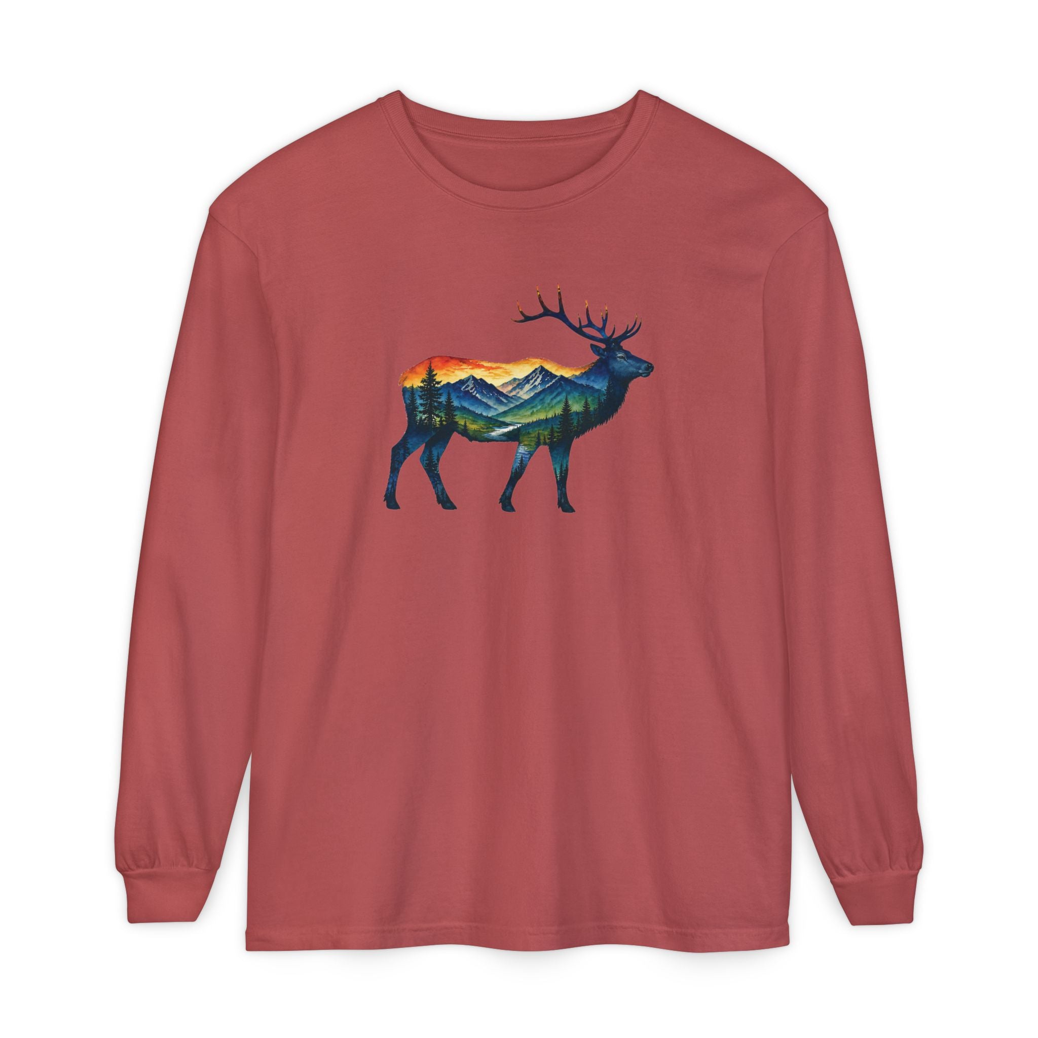 Mountain Elk Sunset Comfort Colors® 6014 Premium Long Sleeve T-Shirt, Nature Elk Graphic Tee, Wildlife Landscape Shirt, Rustic Outdoor Adventure Shirt, Forest Elk Tee