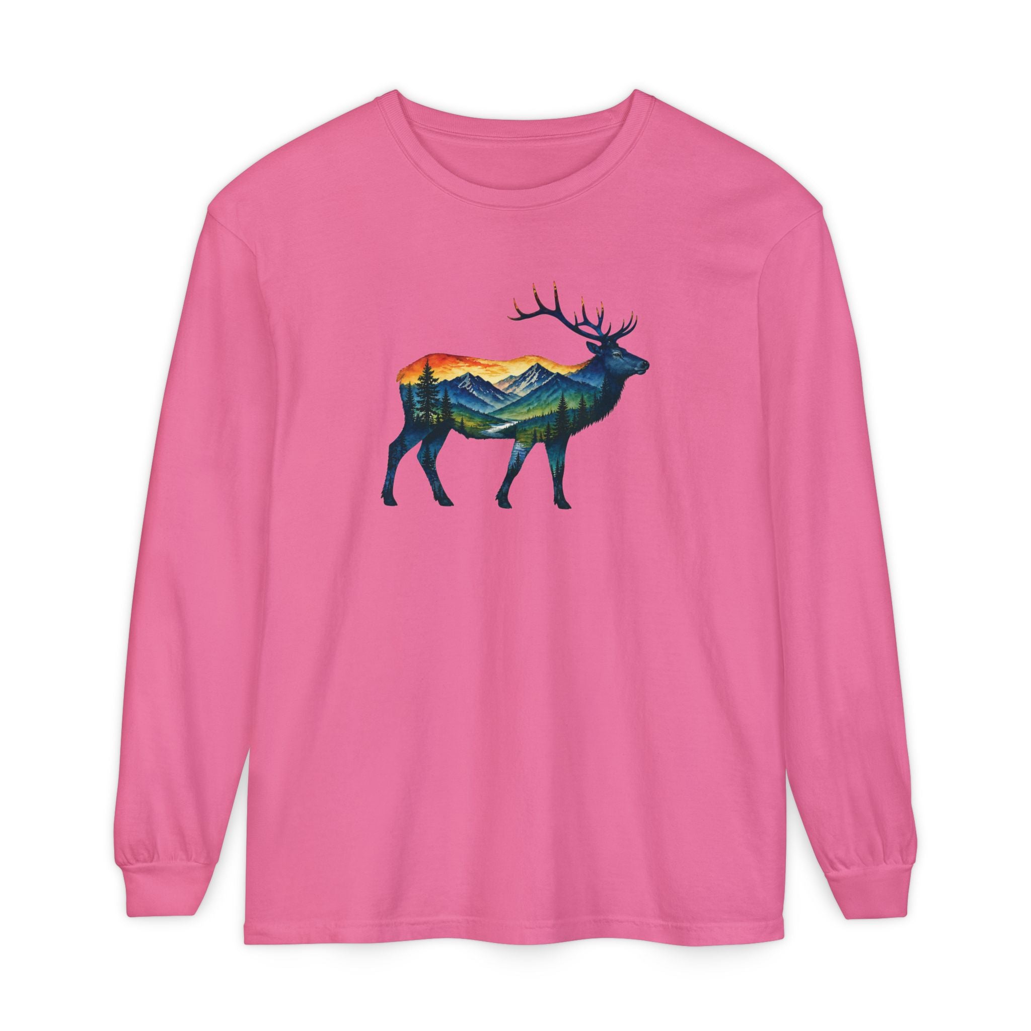 Mountain Elk Sunset Comfort Colors® 6014 Premium Long Sleeve T-Shirt, Nature Elk Graphic Tee, Wildlife Landscape Shirt, Rustic Outdoor Adventure Shirt, Forest Elk Tee