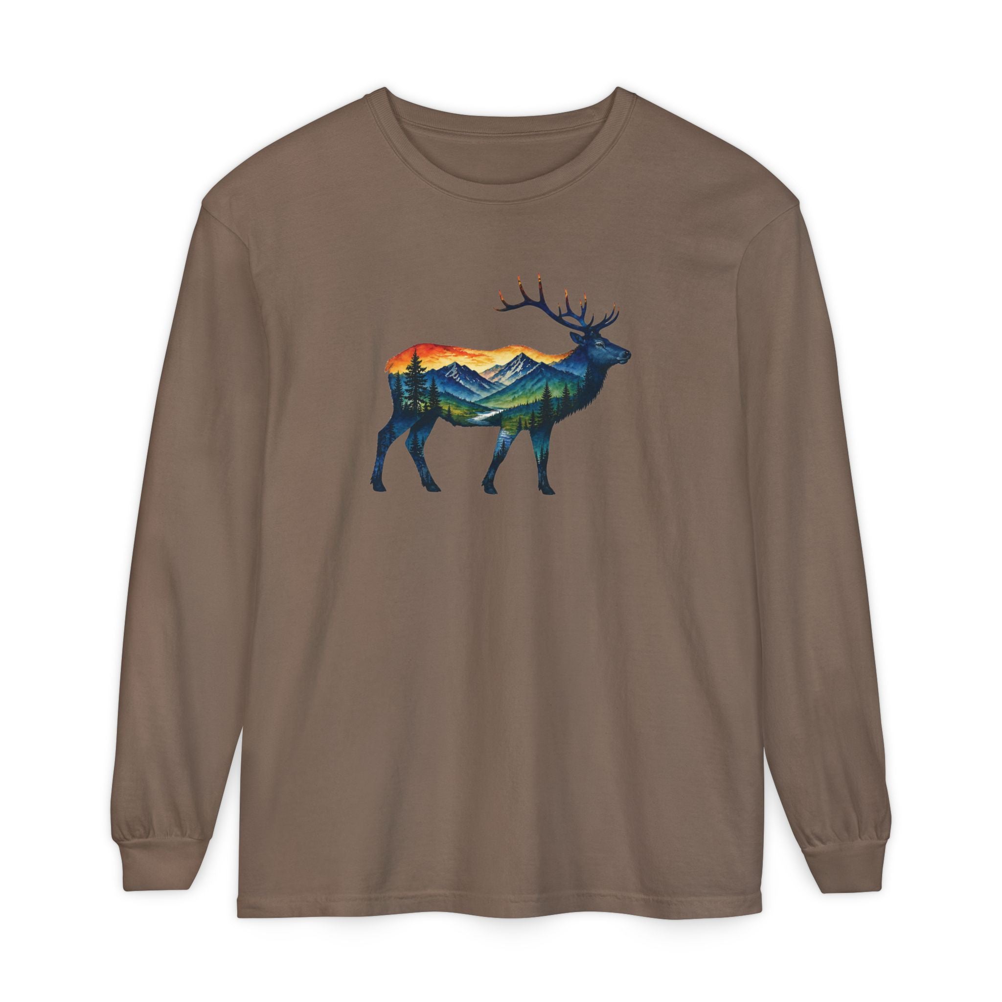 Mountain Elk Sunset Comfort Colors® 6014 Premium Long Sleeve T-Shirt, Nature Elk Graphic Tee, Wildlife Landscape Shirt, Rustic Outdoor Adventure Shirt, Forest Elk Tee