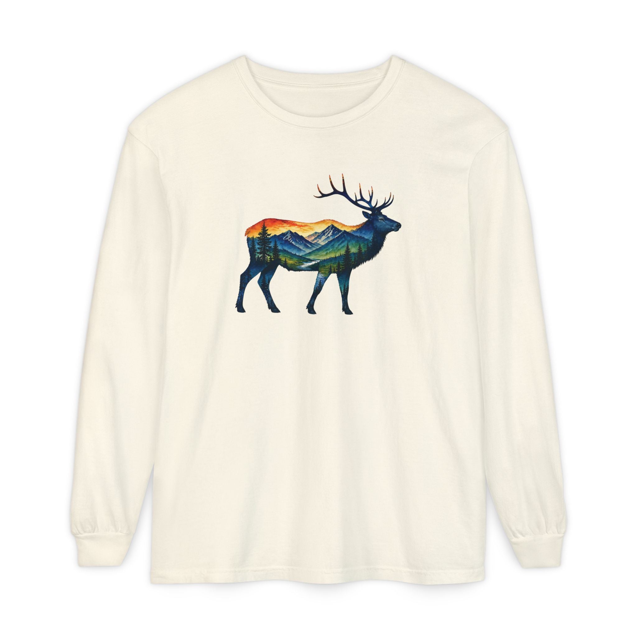 Mountain Elk Sunset Comfort Colors® 6014 Premium Long Sleeve T-Shirt, Nature Elk Graphic Tee, Wildlife Landscape Shirt, Rustic Outdoor Adventure Shirt, Forest Elk Tee
