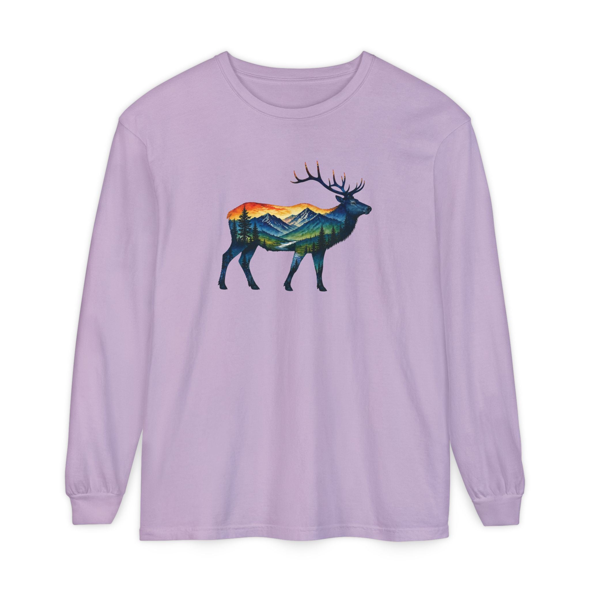 Mountain Elk Sunset Comfort Colors® 6014 Premium Long Sleeve T-Shirt, Nature Elk Graphic Tee, Wildlife Landscape Shirt, Rustic Outdoor Adventure Shirt, Forest Elk Tee