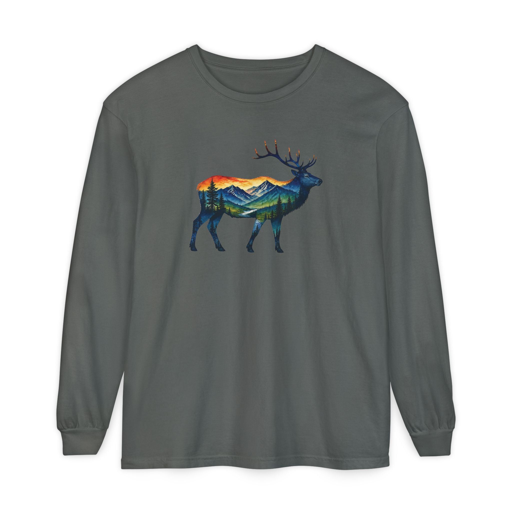 Mountain Elk Sunset Comfort Colors® 6014 Premium Long Sleeve T-Shirt, Nature Elk Graphic Tee, Wildlife Landscape Shirt, Rustic Outdoor Adventure Shirt, Forest Elk Tee