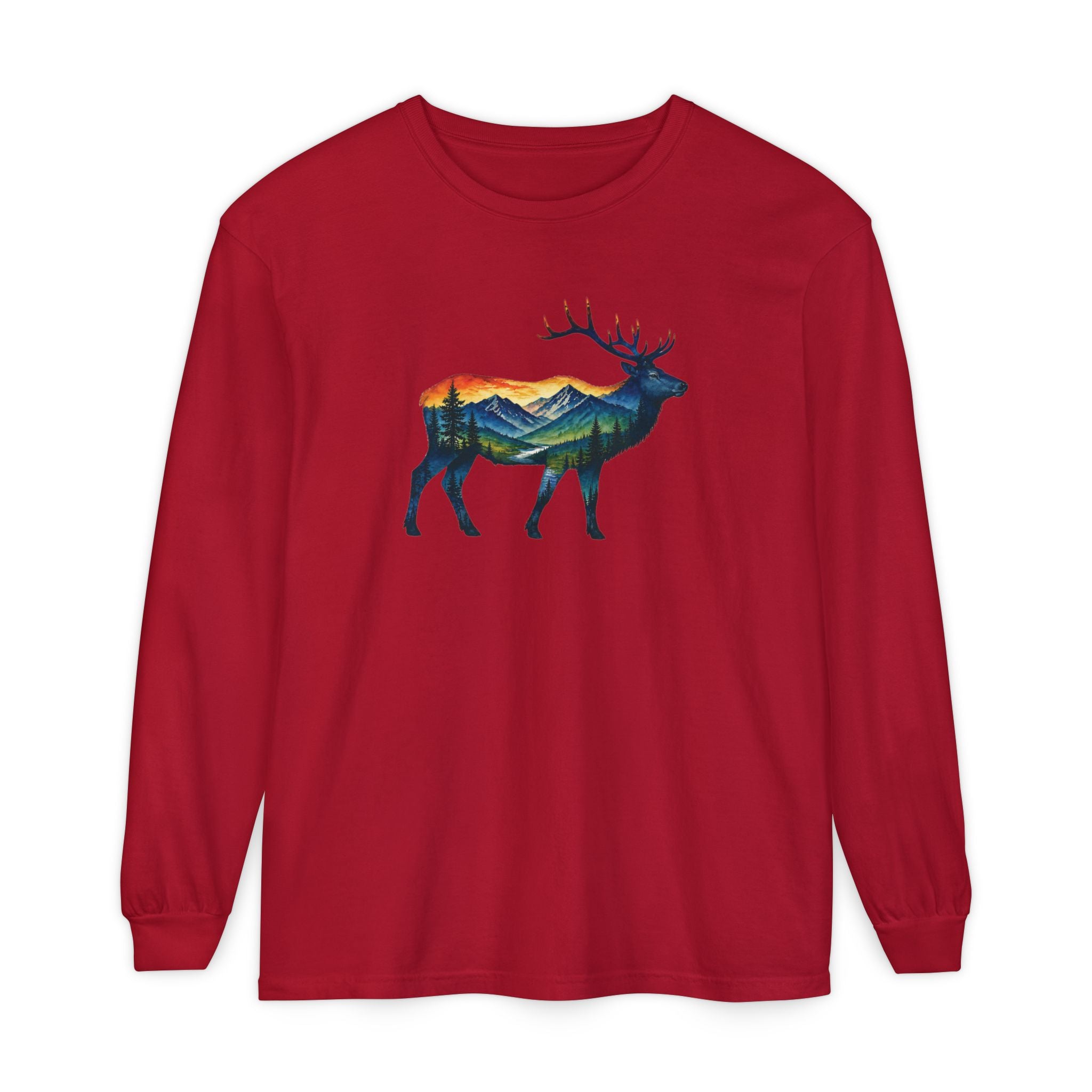 Mountain Elk Sunset Comfort Colors® 6014 Premium Long Sleeve T-Shirt, Nature Elk Graphic Tee, Wildlife Landscape Shirt, Rustic Outdoor Adventure Shirt, Forest Elk Tee
