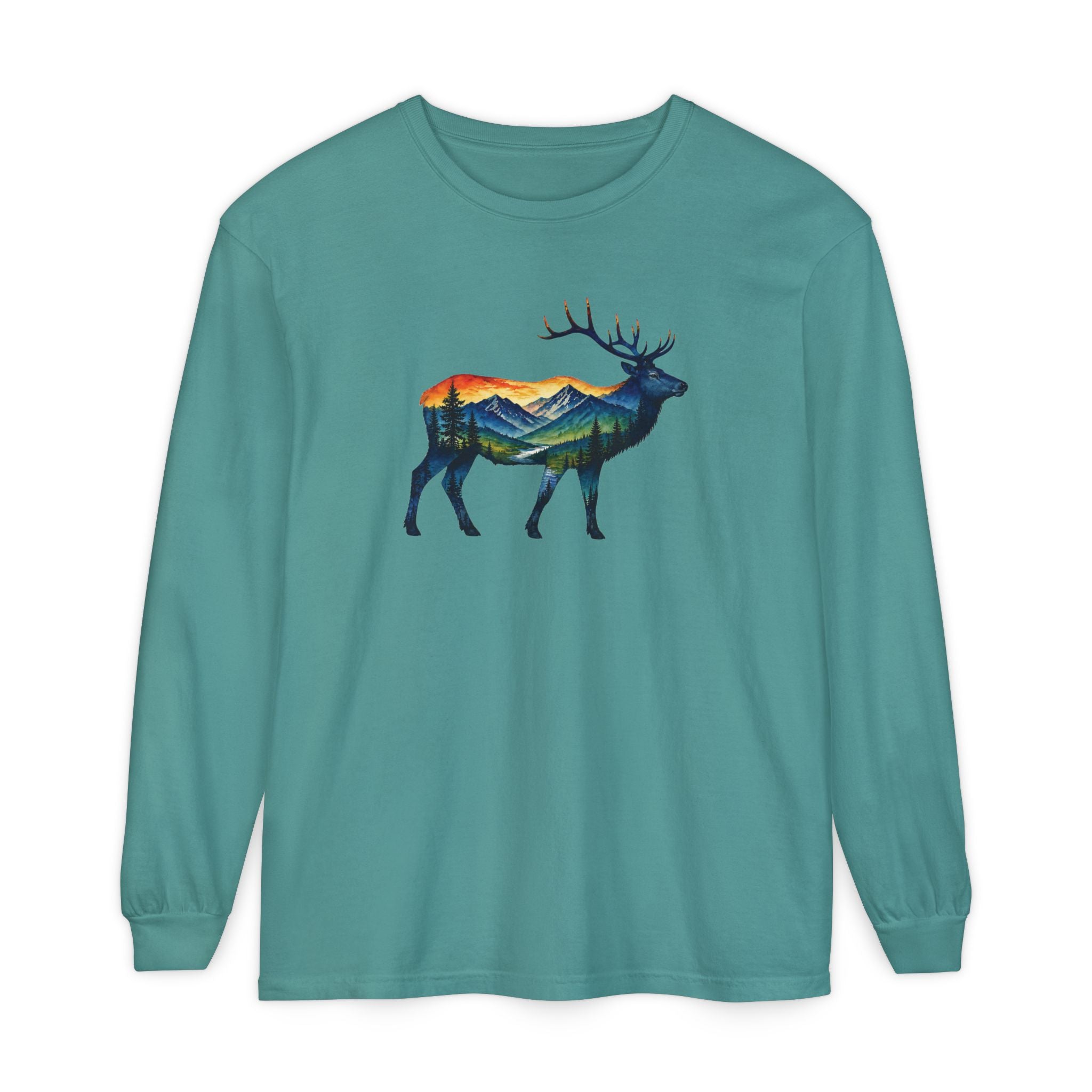 Mountain Elk Sunset Comfort Colors® 6014 Premium Long Sleeve T-Shirt, Nature Elk Graphic Tee, Wildlife Landscape Shirt, Rustic Outdoor Adventure Shirt, Forest Elk Tee