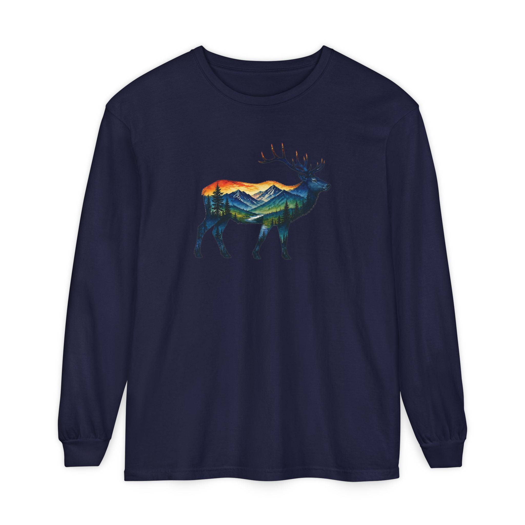 Mountain Elk Sunset Comfort Colors® 6014 Premium Long Sleeve T-Shirt, Nature Elk Graphic Tee, Wildlife Landscape Shirt, Rustic Outdoor Adventure Shirt, Forest Elk Tee