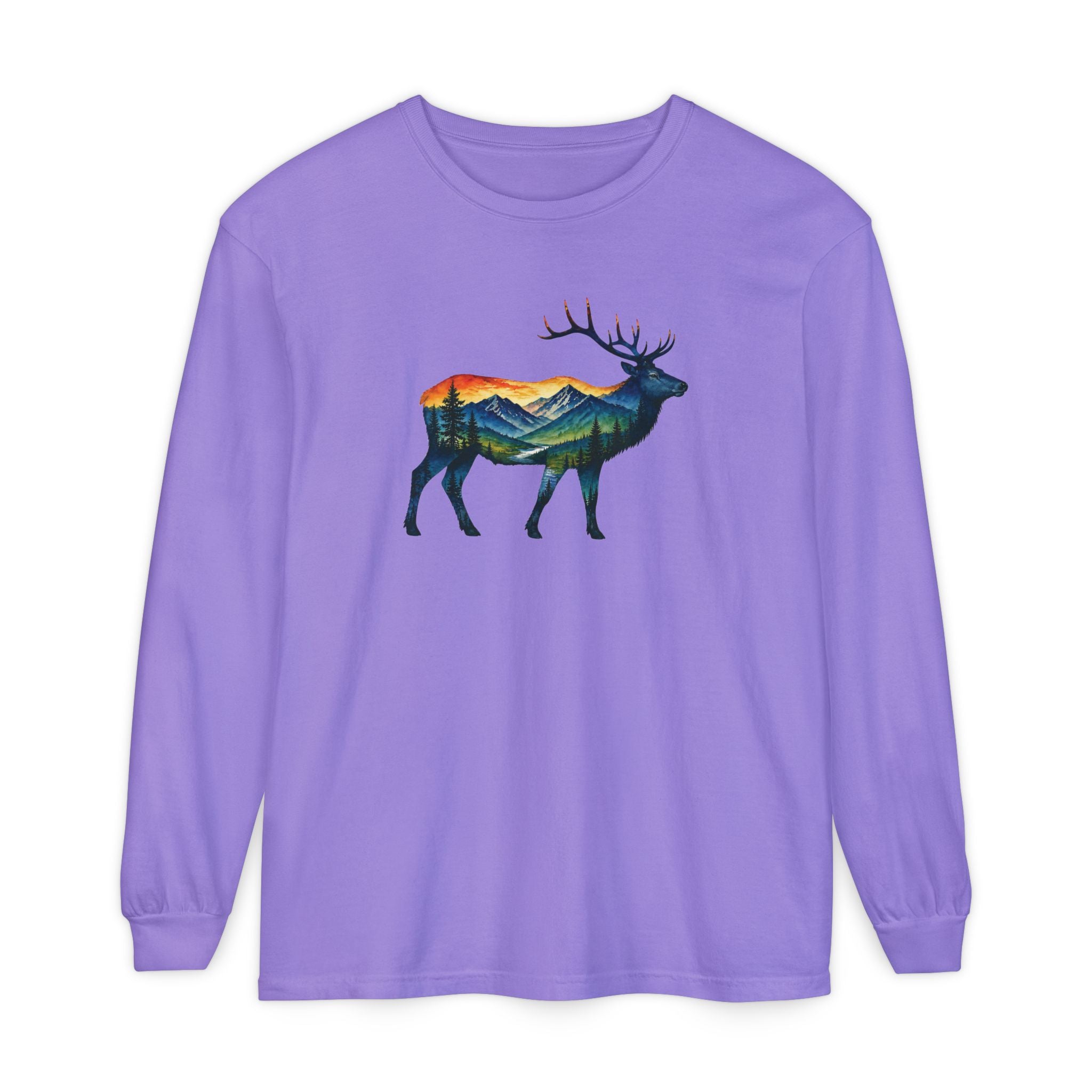 Mountain Elk Sunset Comfort Colors® 6014 Premium Long Sleeve T-Shirt, Nature Elk Graphic Tee, Wildlife Landscape Shirt, Rustic Outdoor Adventure Shirt, Forest Elk Tee