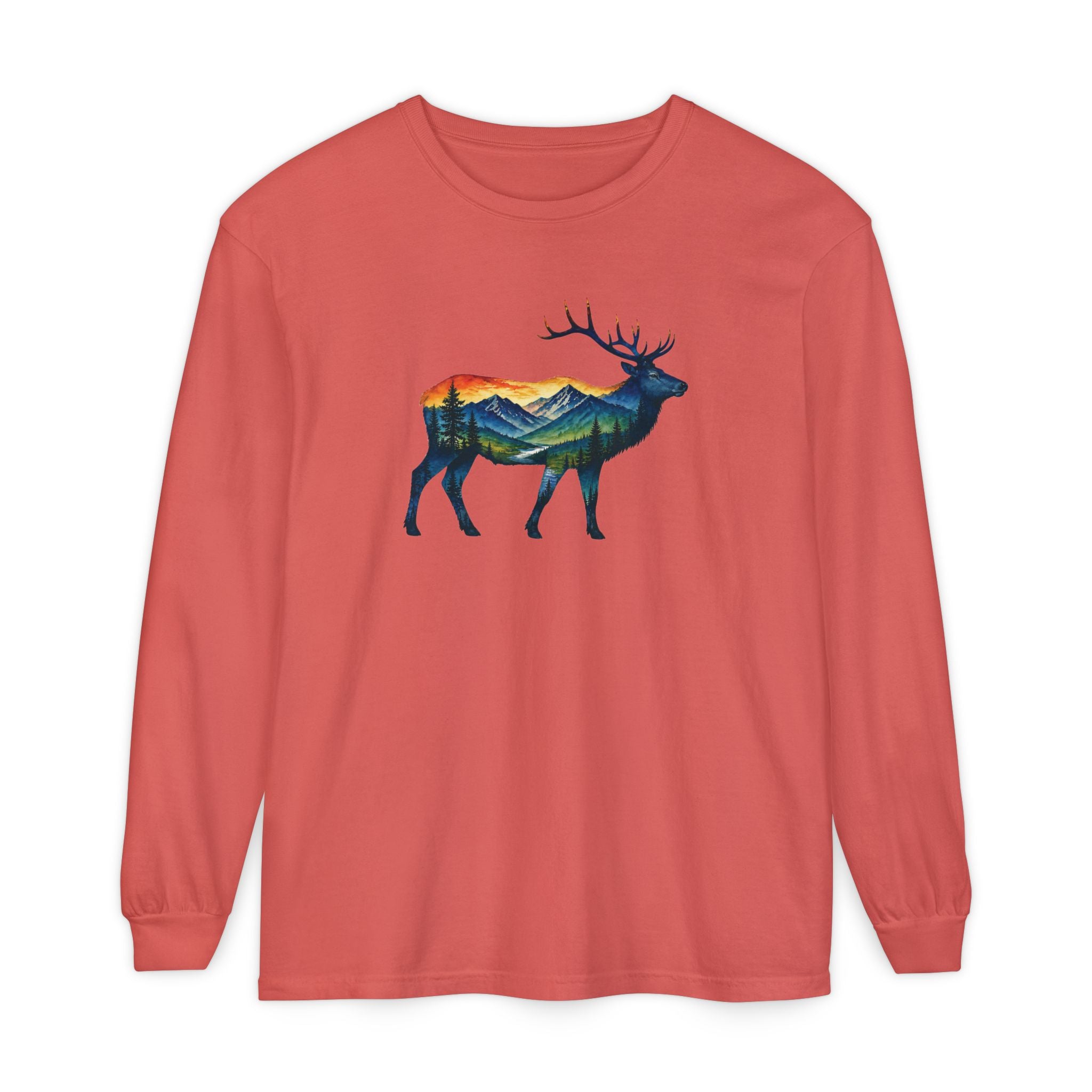 Mountain Elk Sunset Comfort Colors® 6014 Premium Long Sleeve T-Shirt, Nature Elk Graphic Tee, Wildlife Landscape Shirt, Rustic Outdoor Adventure Shirt, Forest Elk Tee