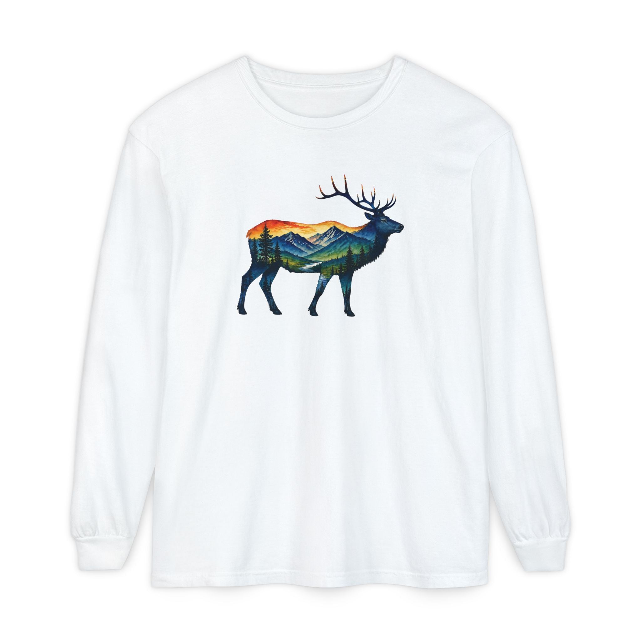 Mountain Elk Sunset Comfort Colors® 6014 Premium Long Sleeve T-Shirt, Nature Elk Graphic Tee, Wildlife Landscape Shirt, Rustic Outdoor Adventure Shirt, Forest Elk Tee