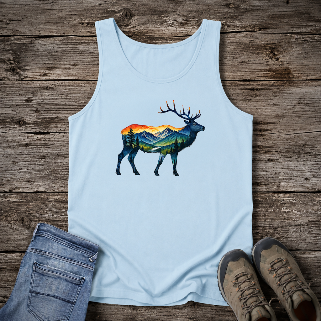 Mountain Elk Sunset Comfort Colors® 9360 Premium Tank Top, Nature Elk Graphic Tank Top, Wildlife Landscape Tank Top, Rustic Outdoor Adventure Tank Top, Forest Elk Tank
