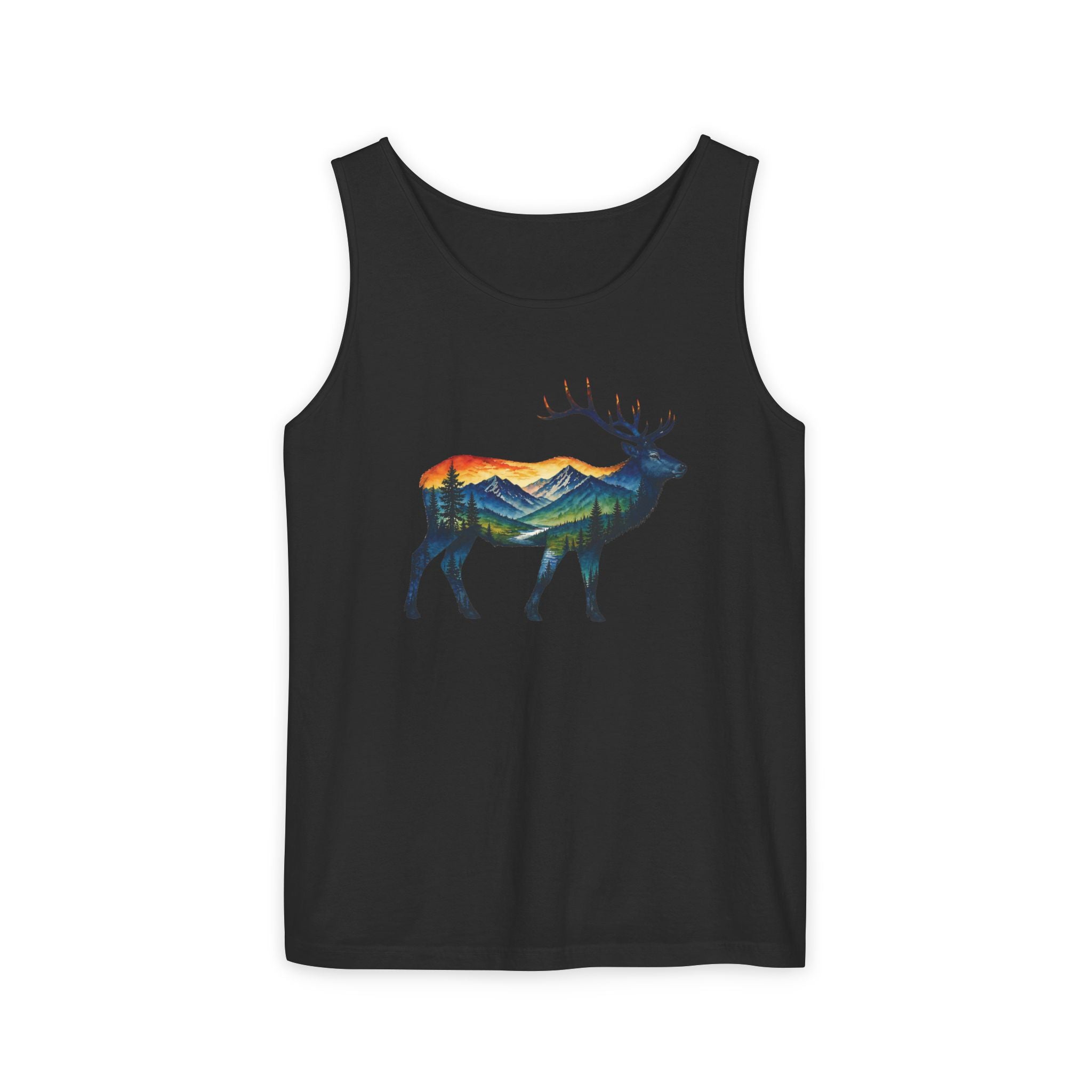 Mountain Elk Sunset Comfort Colors® 9360 Premium Tank Top, Nature Elk Graphic Tank Top, Wildlife Landscape Tank Top, Rustic Outdoor Adventure Tank Top, Forest Elk Tank