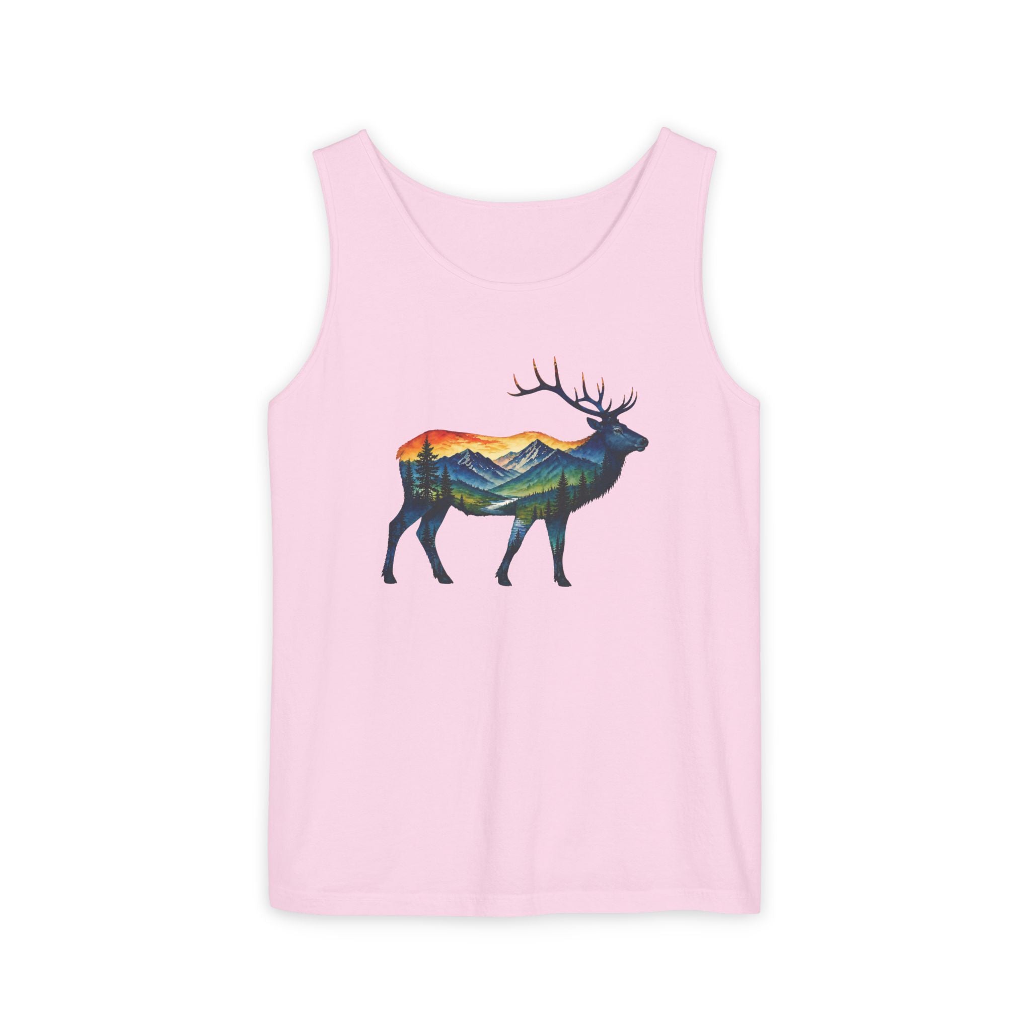 Mountain Elk Sunset Comfort Colors® 9360 Premium Tank Top, Nature Elk Graphic Tank Top, Wildlife Landscape Tank Top, Rustic Outdoor Adventure Tank Top, Forest Elk Tank