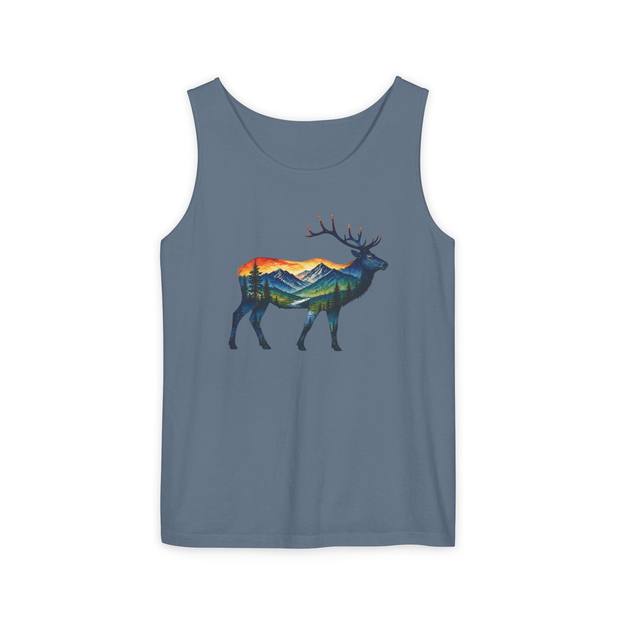 Mountain Elk Sunset Comfort Colors® 9360 Premium Tank Top, Nature Elk Graphic Tank Top, Wildlife Landscape Tank Top, Rustic Outdoor Adventure Tank Top, Forest Elk Tank