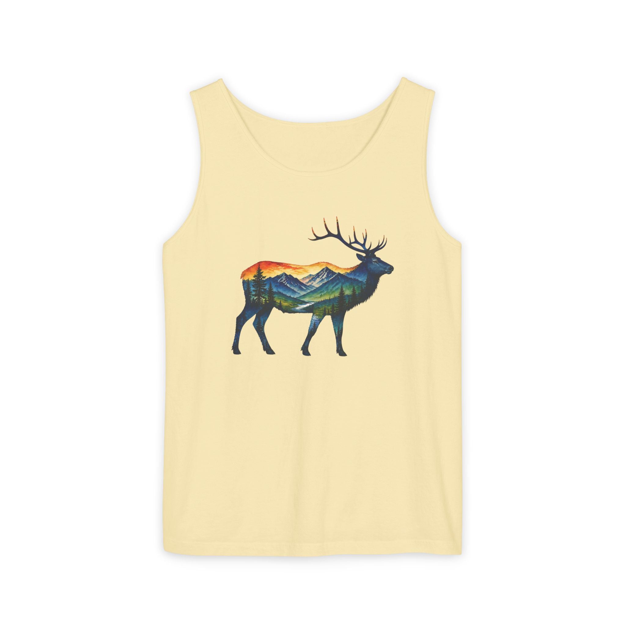 Mountain Elk Sunset Comfort Colors® 9360 Premium Tank Top, Nature Elk Graphic Tank Top, Wildlife Landscape Tank Top, Rustic Outdoor Adventure Tank Top, Forest Elk Tank