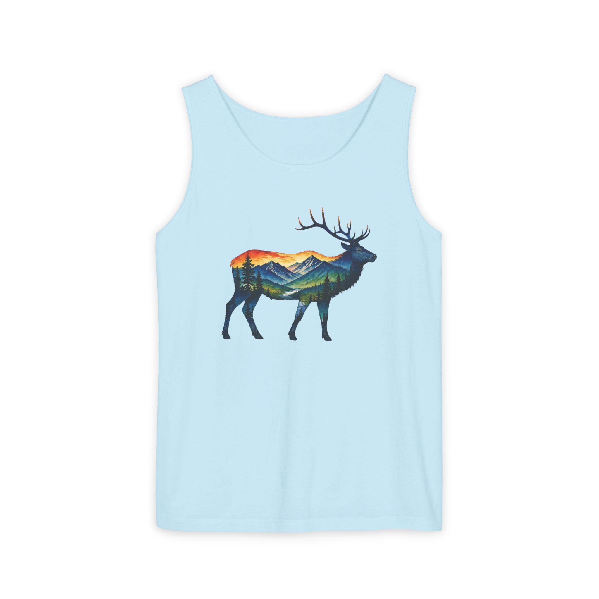 Mountain Elk Sunset Comfort Colors® 9360 Premium Tank Top, Nature Elk Graphic Tank Top, Wildlife Landscape Tank Top, Rustic Outdoor Adventure Tank Top, Forest Elk Tank