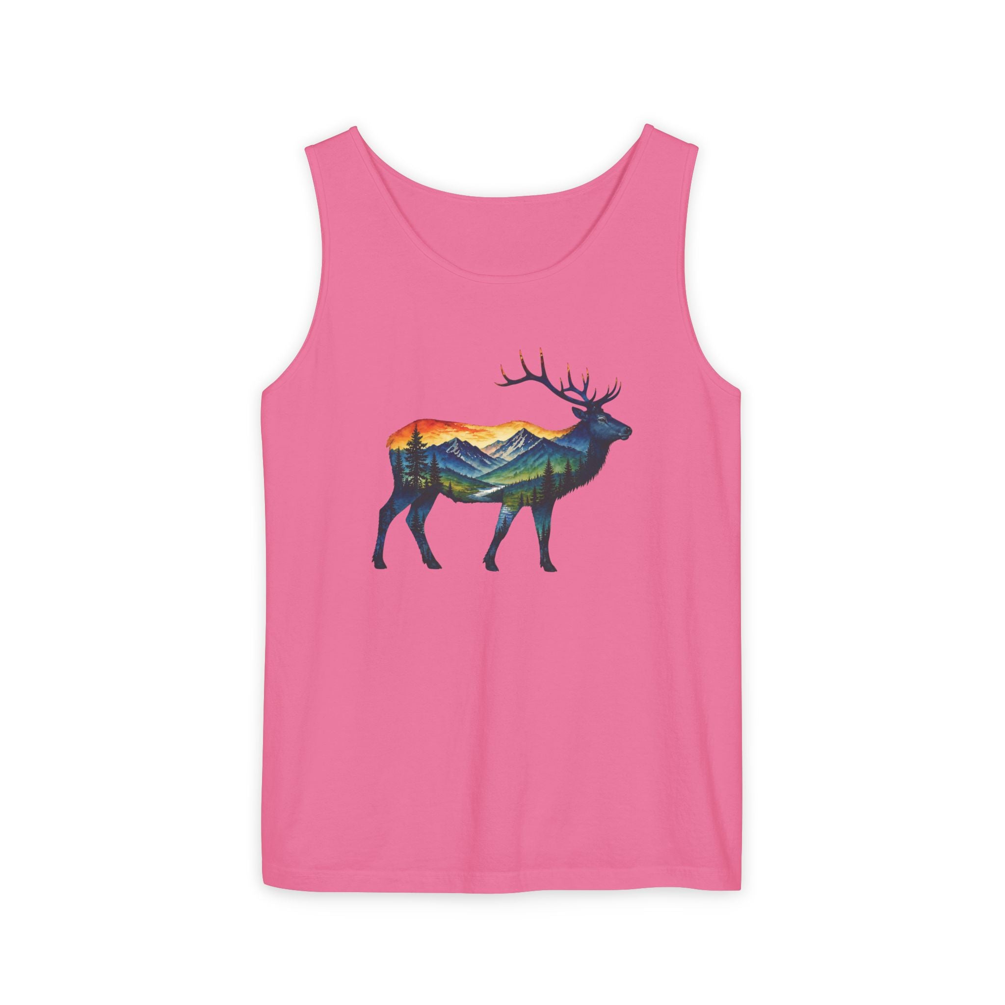 Mountain Elk Sunset Comfort Colors® 9360 Premium Tank Top, Nature Elk Graphic Tank Top, Wildlife Landscape Tank Top, Rustic Outdoor Adventure Tank Top, Forest Elk Tank