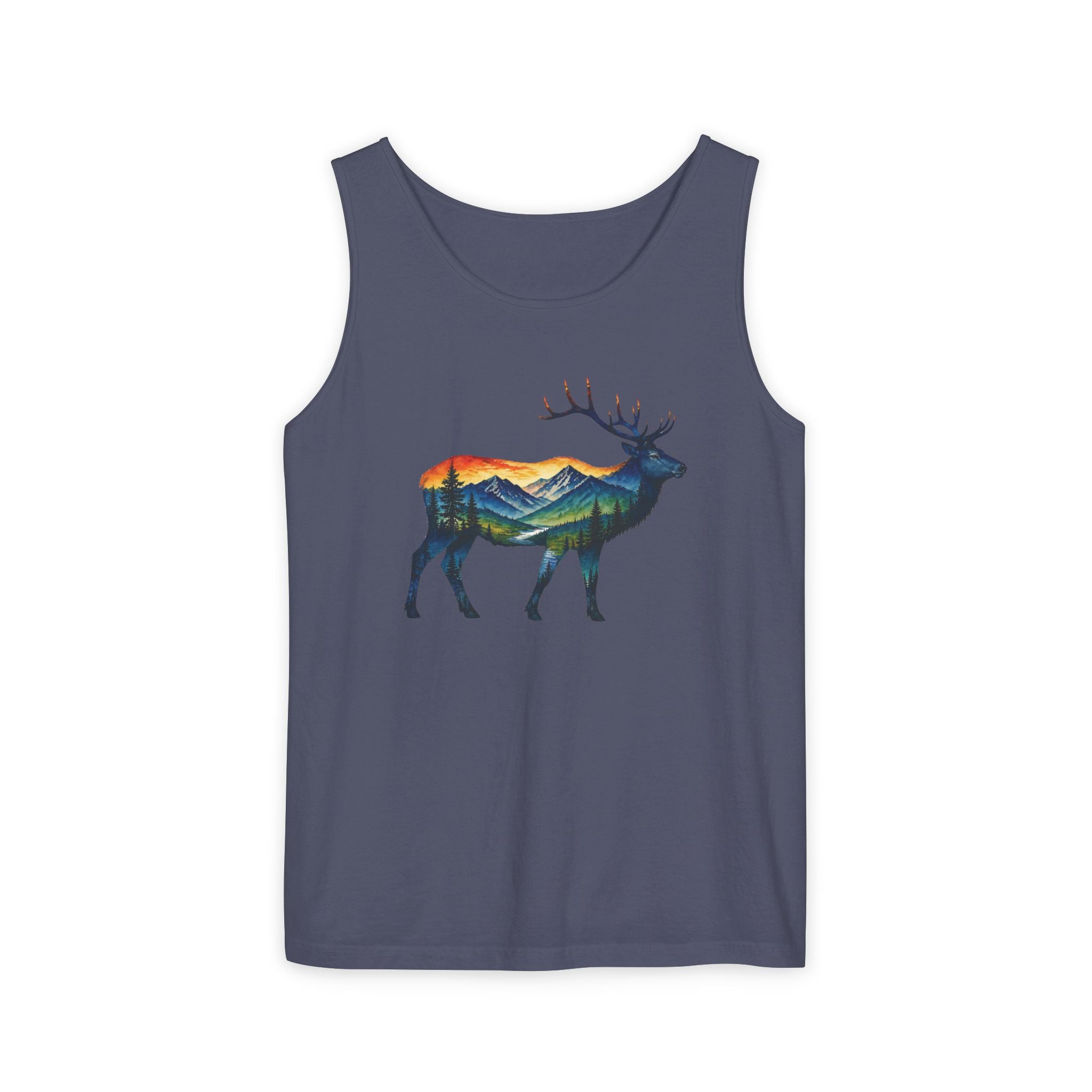 Mountain Elk Sunset Comfort Colors® 9360 Premium Tank Top, Nature Elk Graphic Tank Top, Wildlife Landscape Tank Top, Rustic Outdoor Adventure Tank Top, Forest Elk Tank
