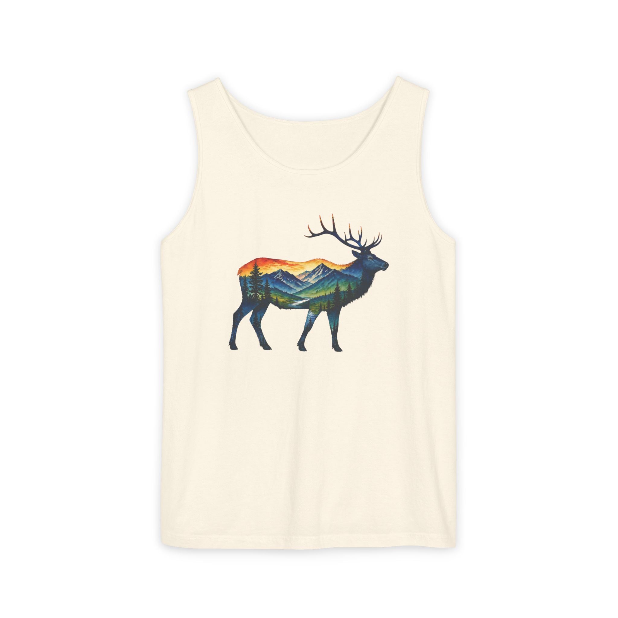 Mountain Elk Sunset Comfort Colors® 9360 Premium Tank Top, Nature Elk Graphic Tank Top, Wildlife Landscape Tank Top, Rustic Outdoor Adventure Tank Top, Forest Elk Tank