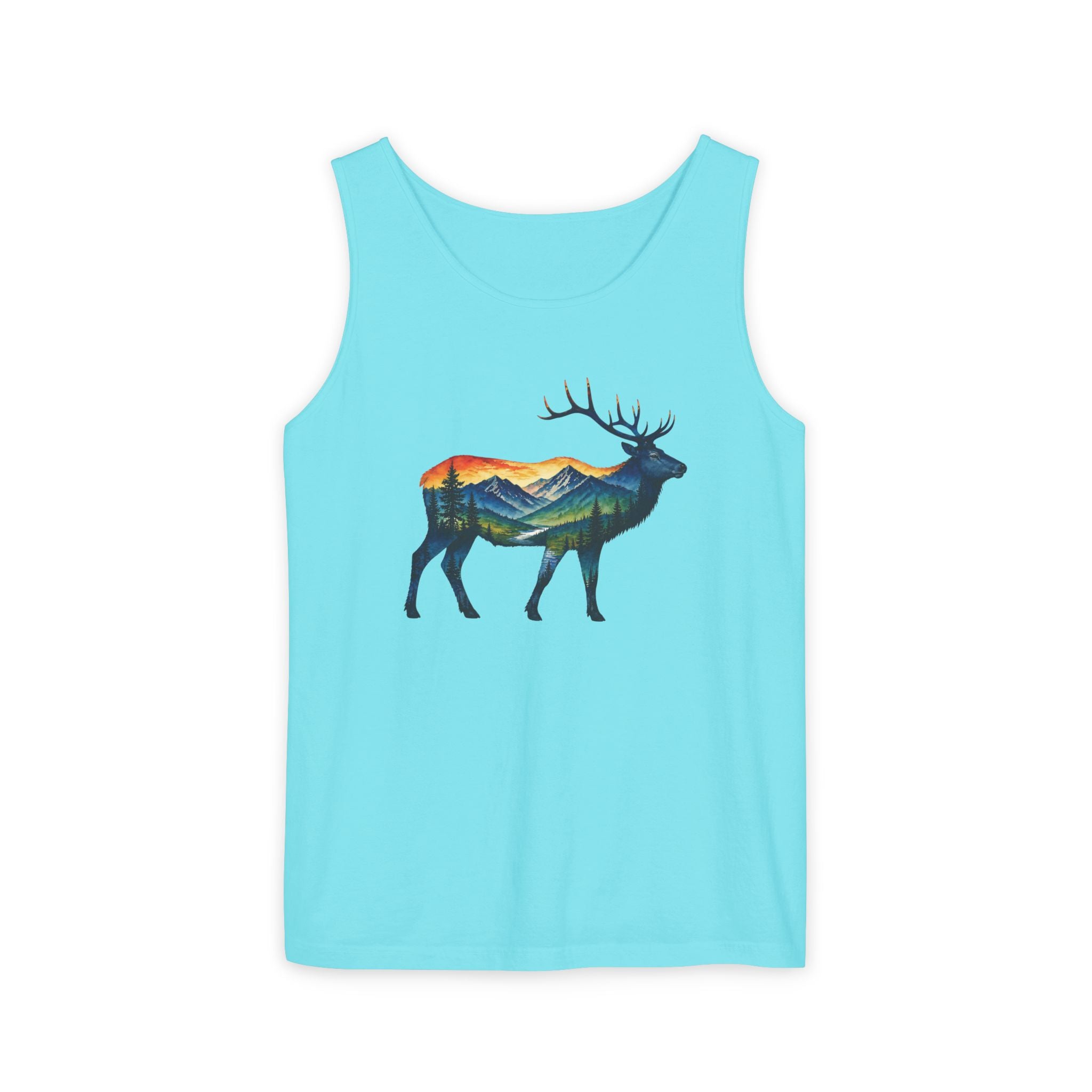 Mountain Elk Sunset Comfort Colors® 9360 Premium Tank Top, Nature Elk Graphic Tank Top, Wildlife Landscape Tank Top, Rustic Outdoor Adventure Tank Top, Forest Elk Tank